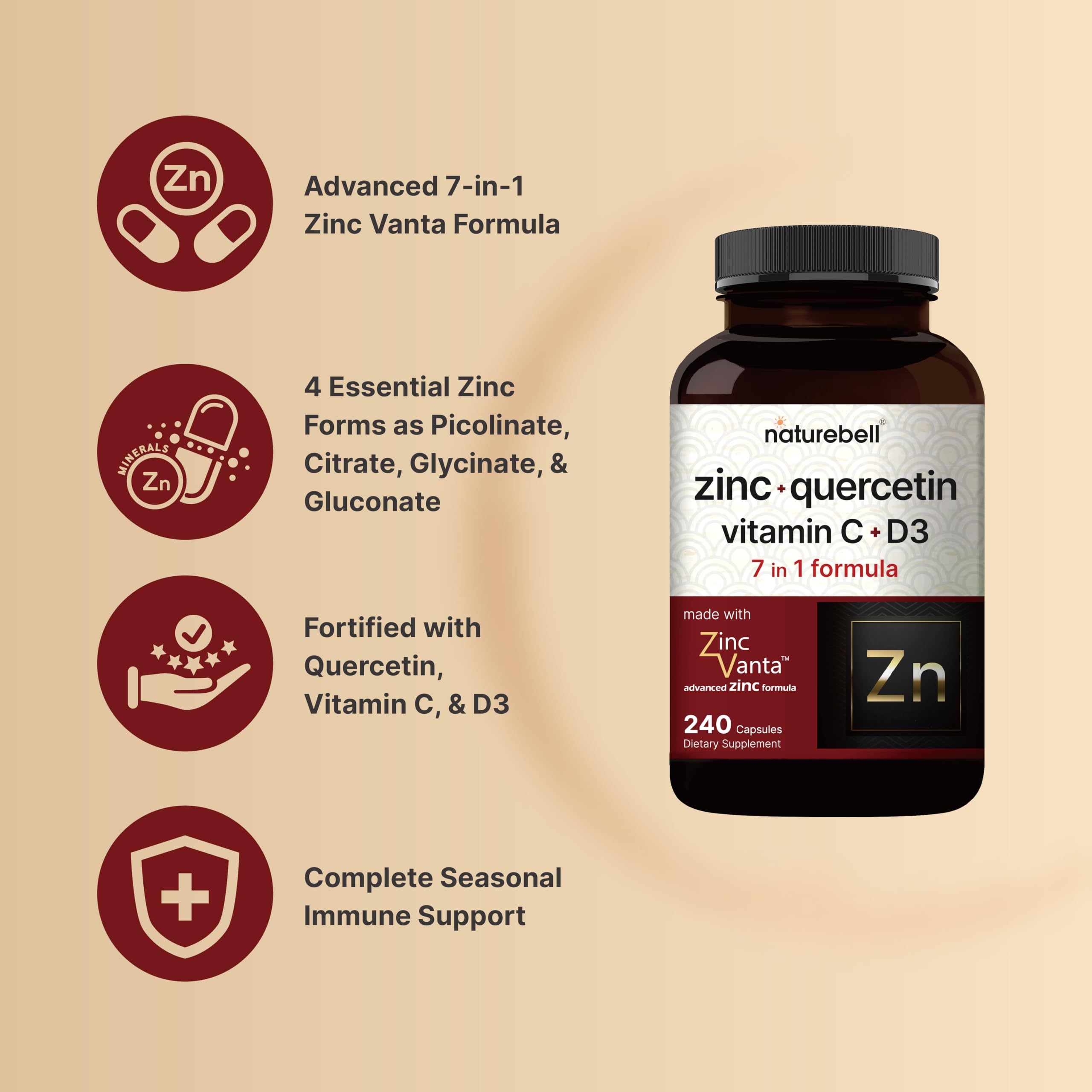 NatureBell Zinc Quercétine – etiquette-bouteille, information claire sur les doses quotidiennes.