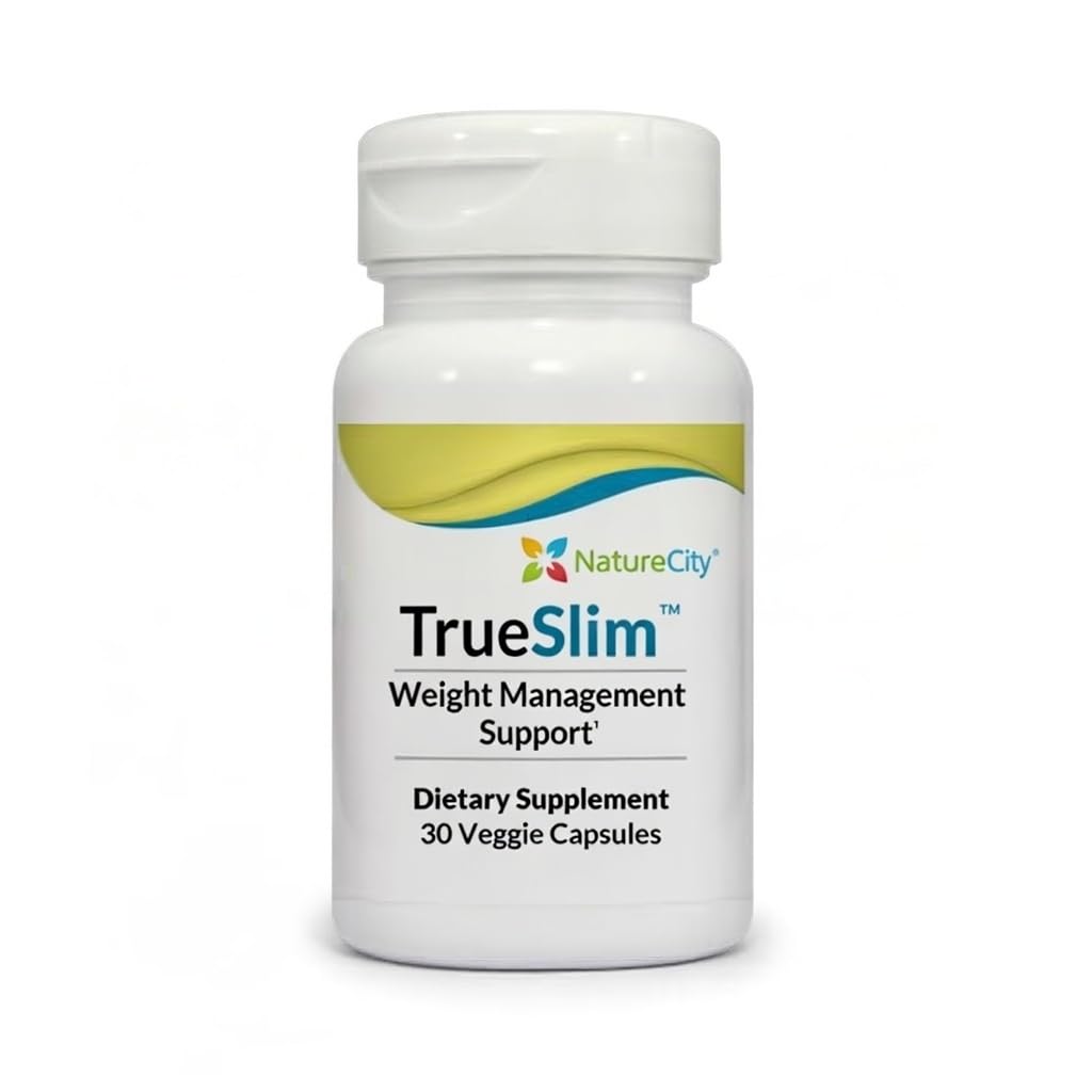 NatureCity True-Slim capsules dans une bouteille, soutien potentiel à la gestion du poids.