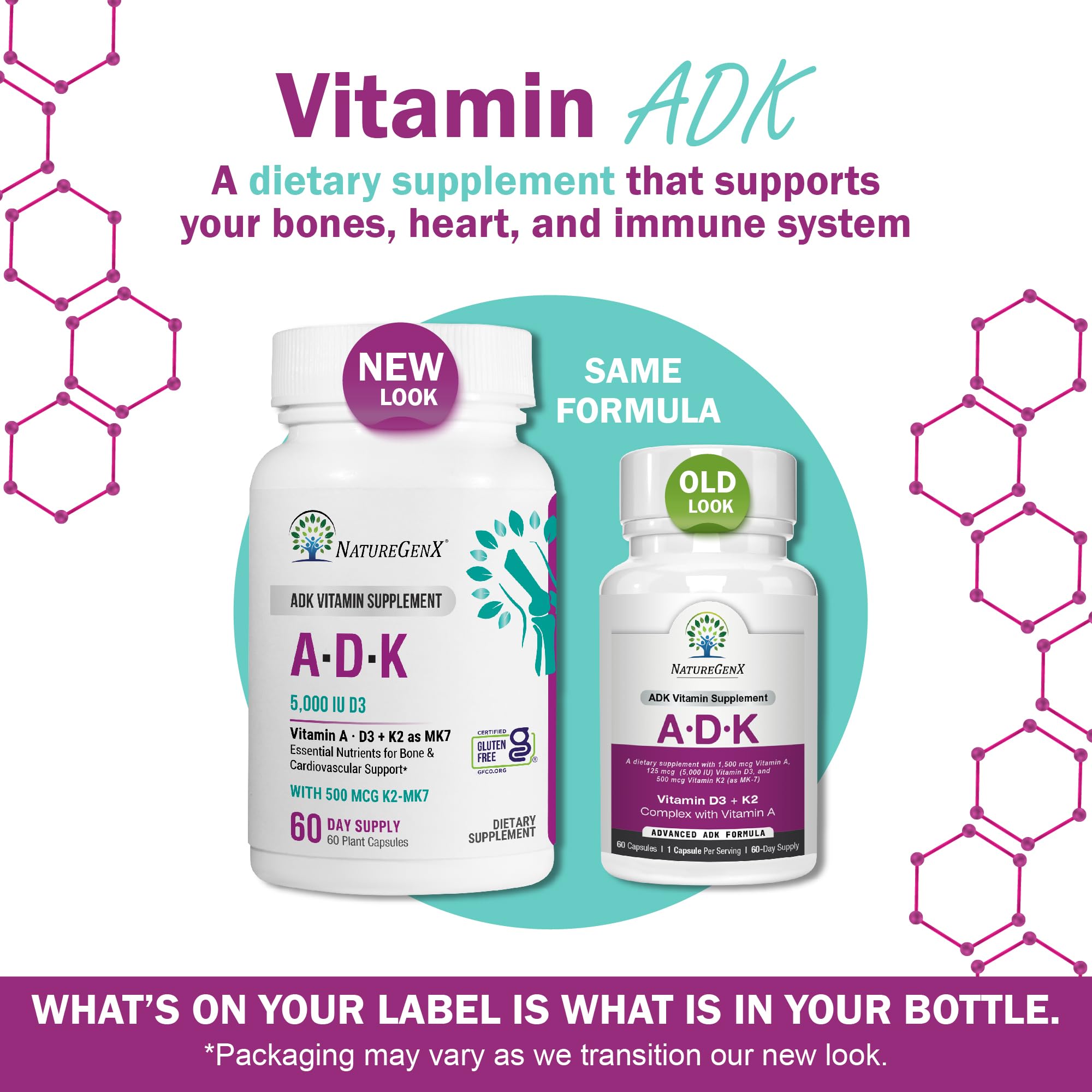 NatureGenX ADK, composition A-D3-K2 favorisant l’absorption du calcium.