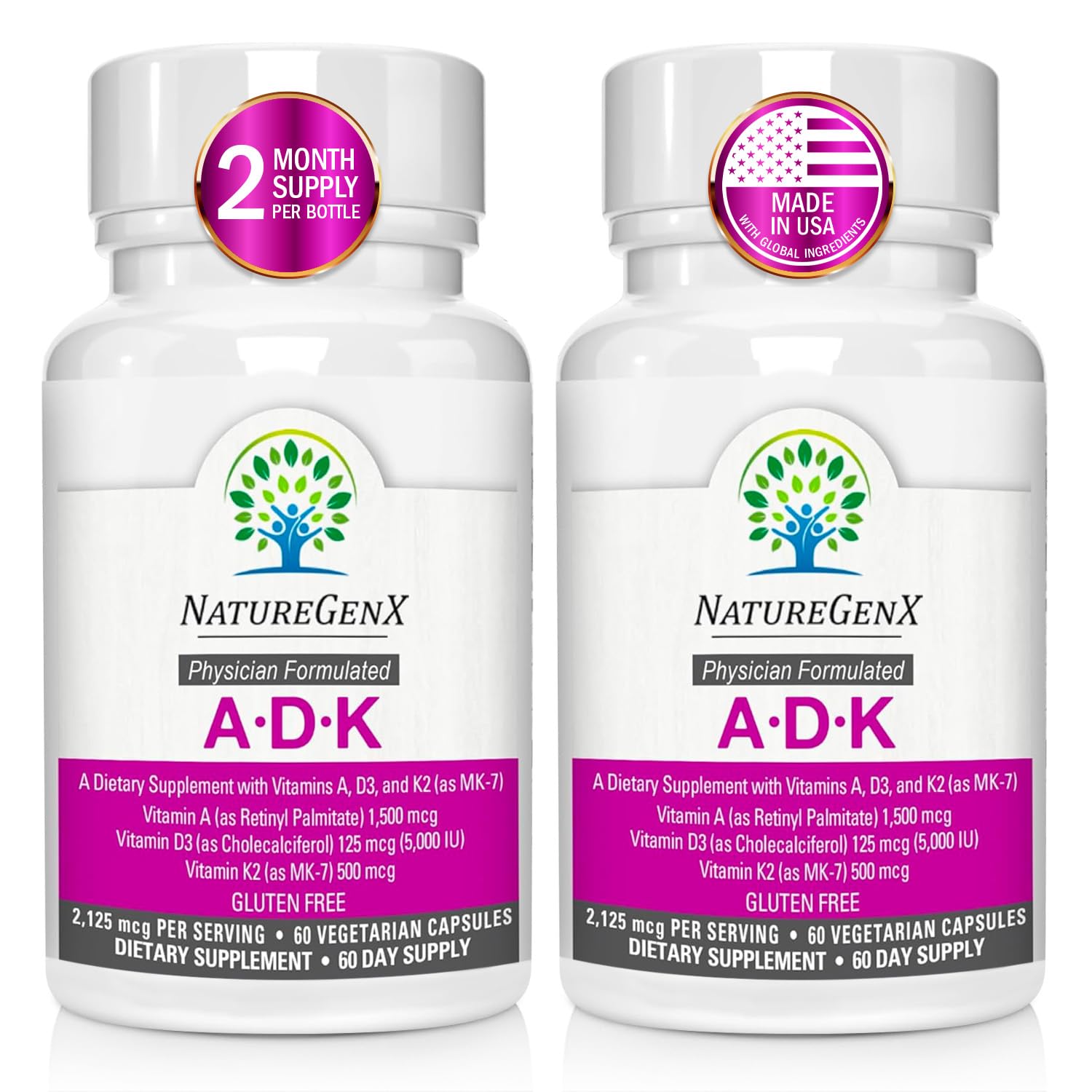 NatureGenX ADK vitamine – bouteille: capsules faciles à avaler pour le soutien potentiel des os et du système immunitaire.