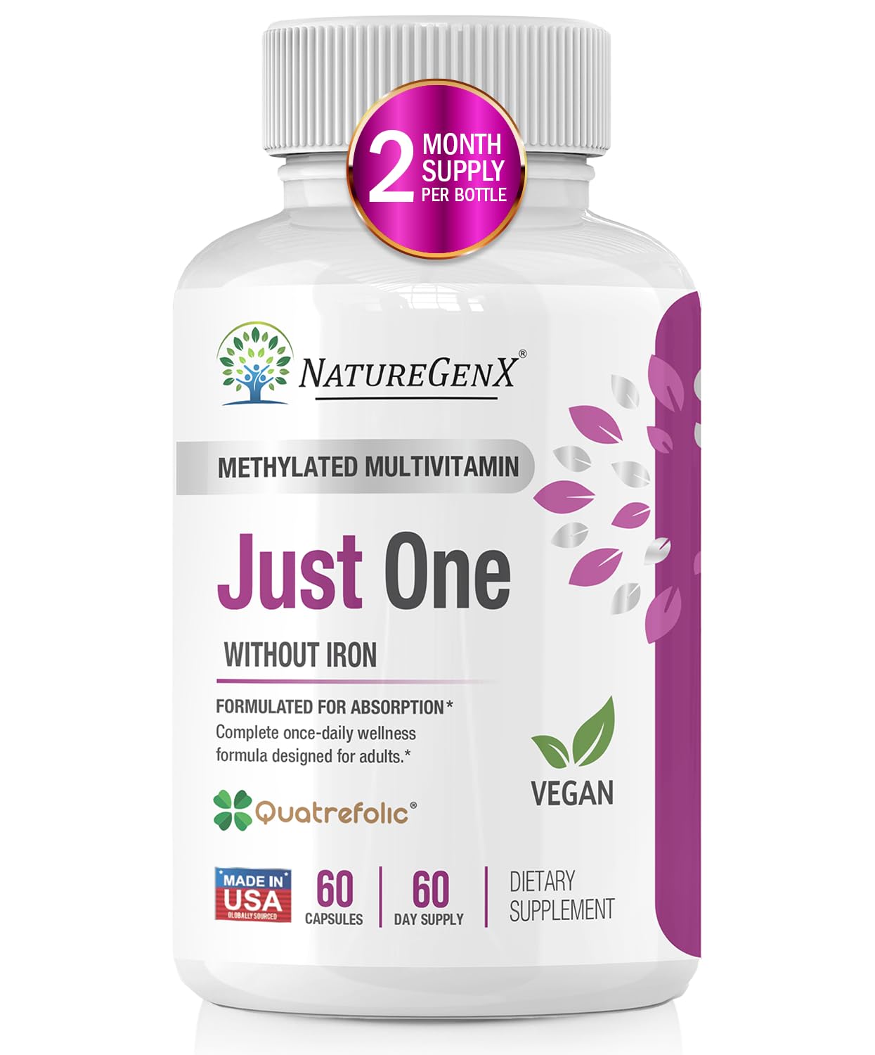 NatureGenX multivitamine méthylée: bouteille vue de face, soutien nutritionnel quotidien