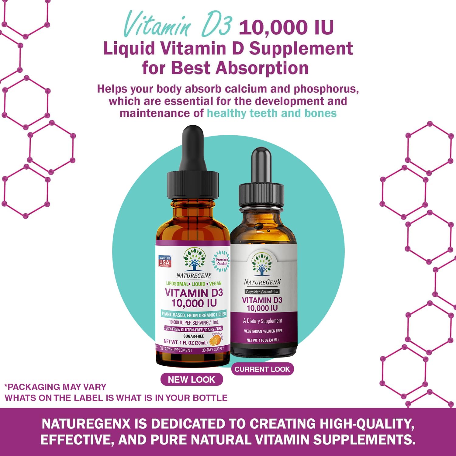 NatureGenX Vitamine D Drops : étiquette et emballage, dosage simple.