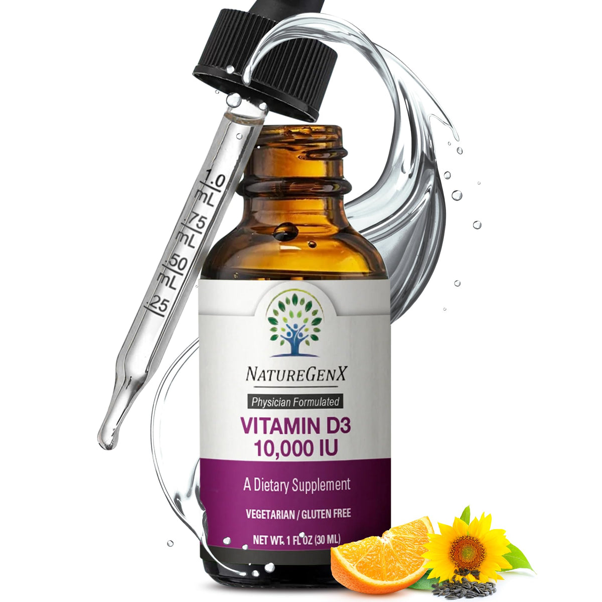 NatureGenX Vitamine D Drops : flacon et pipette, soutien immunitaire potentiel.