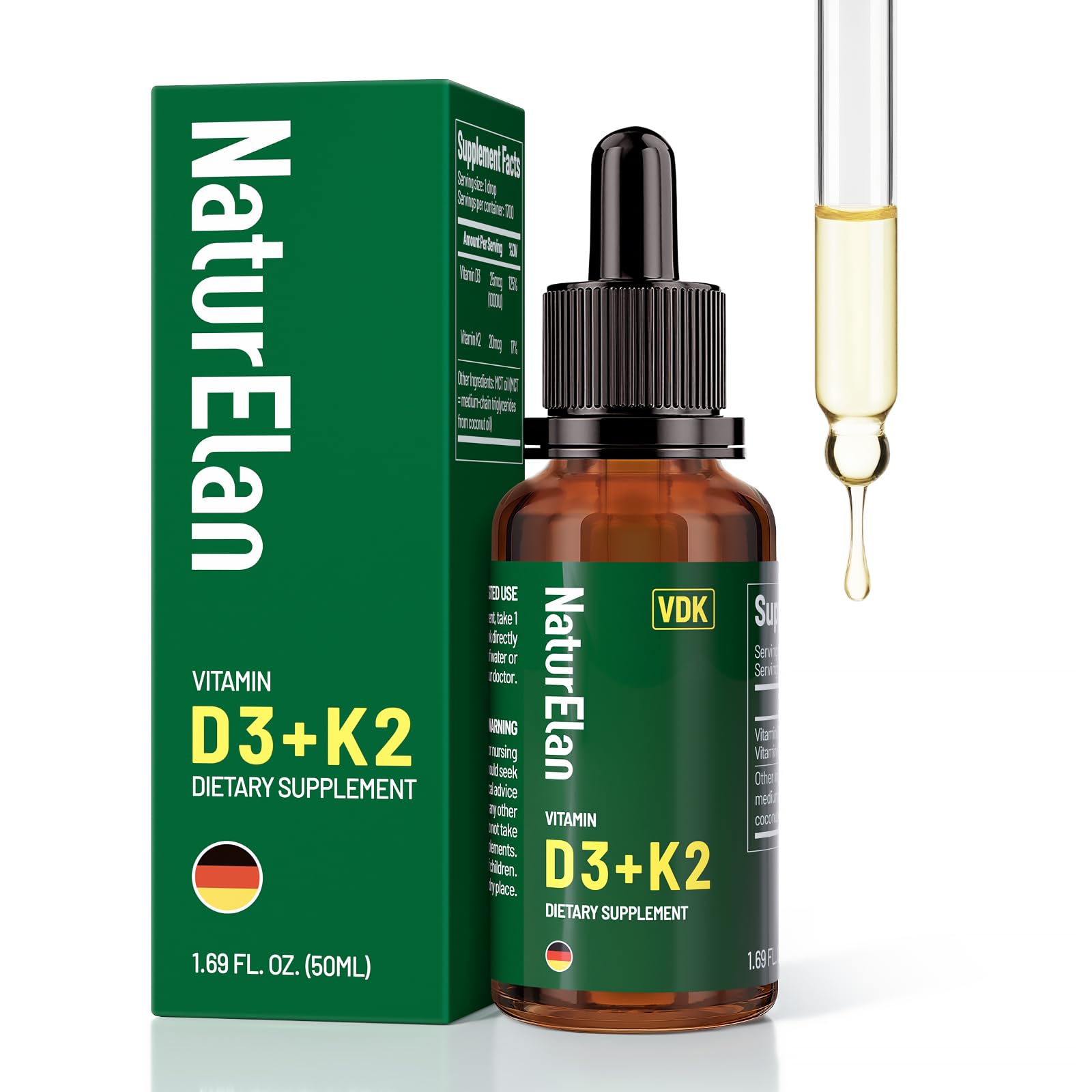 NaturElan D3 K2, bouteille gouttes, soutien potentiel à la santé des os et immunitaire.