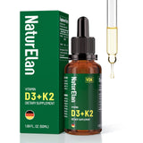 NaturElan D3 K2, bouteille gouttes, soutien potentiel à la santé des os et immunitaire.