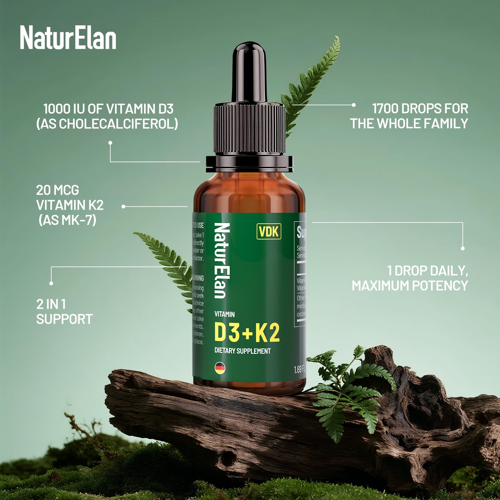 NaturElan D3 K2, étiquettes et bouteille claires, qualité certifiée.
