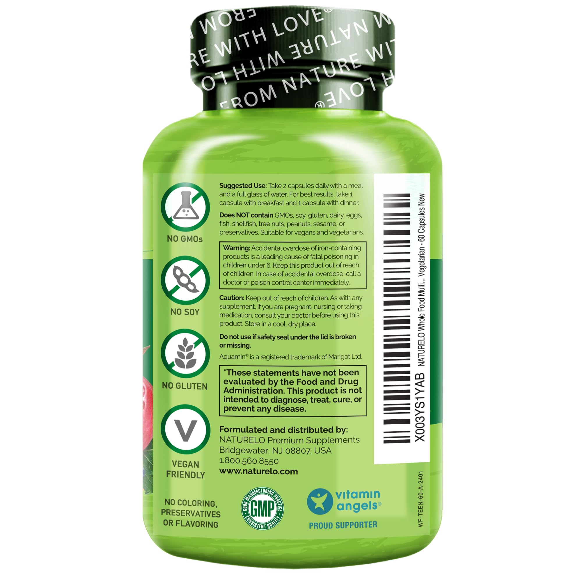 NATURELO Ado Multivitamines étiquette sans OGM et vegan.