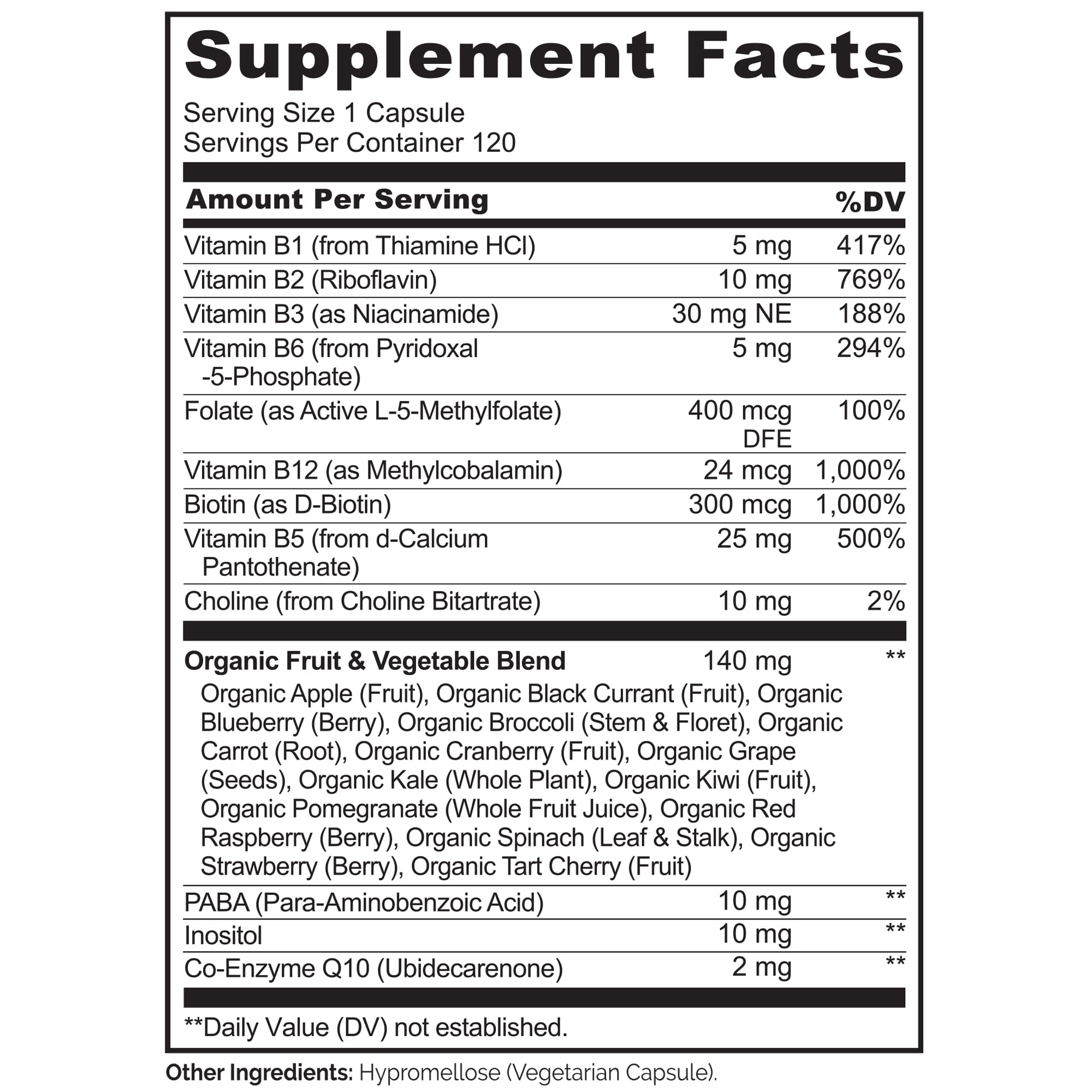 Naturelo B Complexe - étiquette: informations claires sur les huit vitamines B et cofacteurs