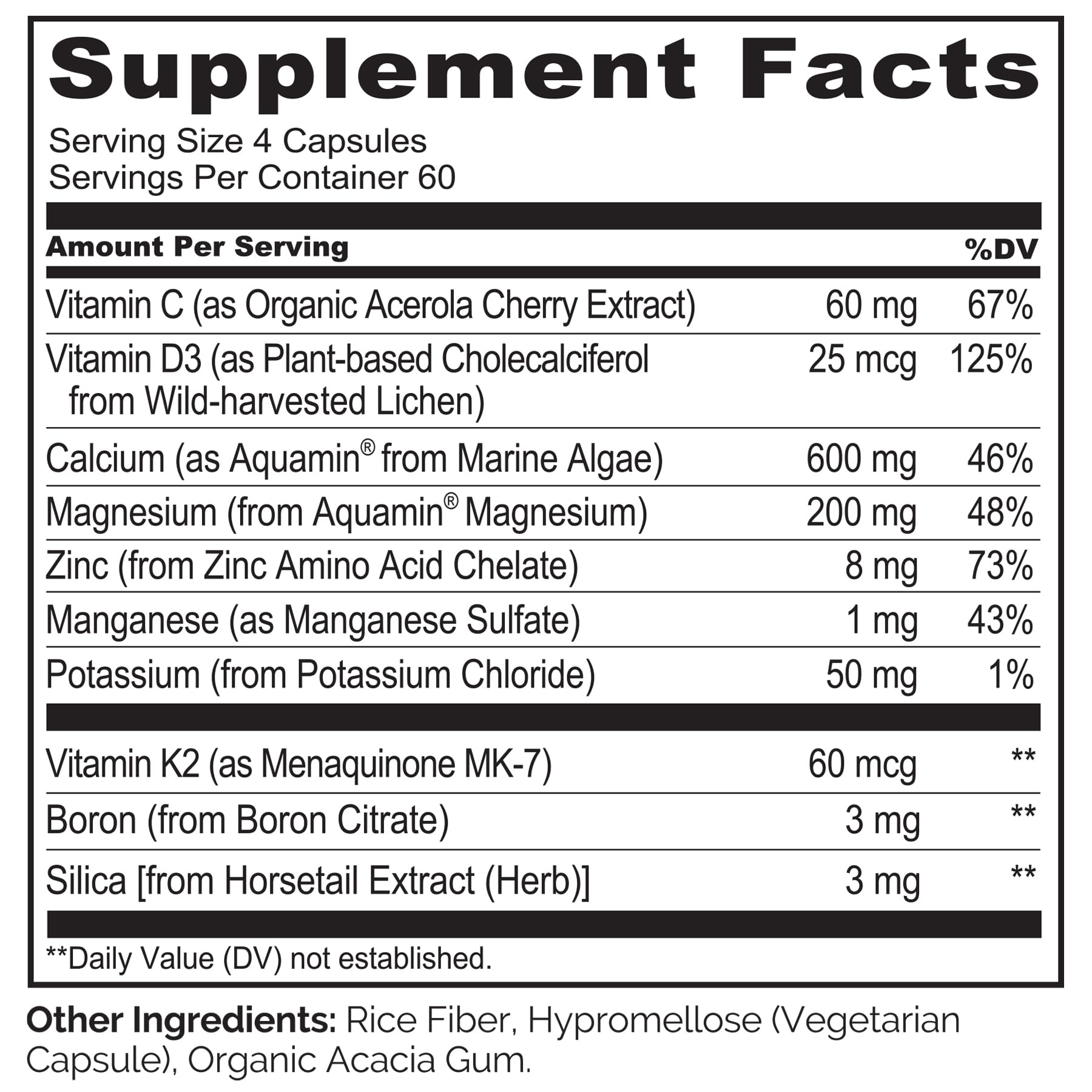 Naturelo calcium: étiquette claire indiquant nutriments et allergènes.