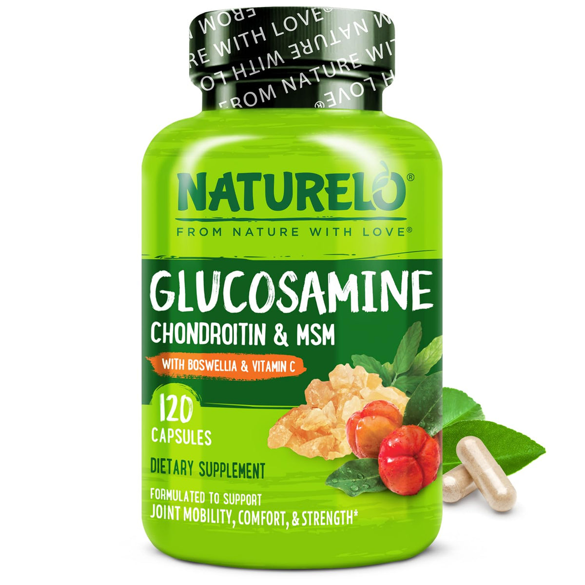 Naturelo Glucosamine Chondroitin MSM: bouteille et étiquette claires, soutien potentiel des articulations.