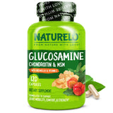 Naturelo Glucosamine Chondroitin MSM: bouteille et étiquette claires, soutien potentiel des articulations.