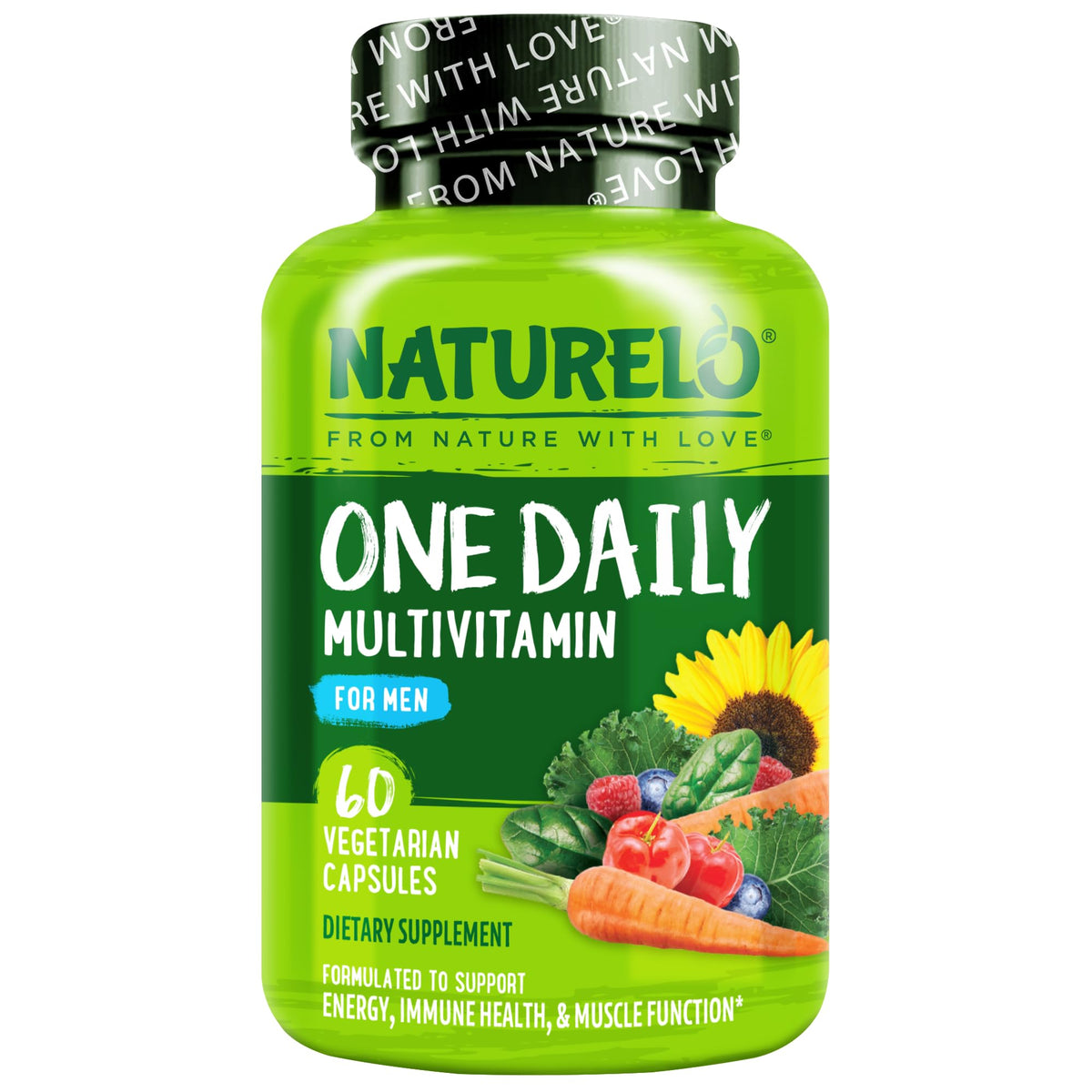 Naturelo Homme Multivitamines: bouteille de gélules véganes pour énergie quotidienne.