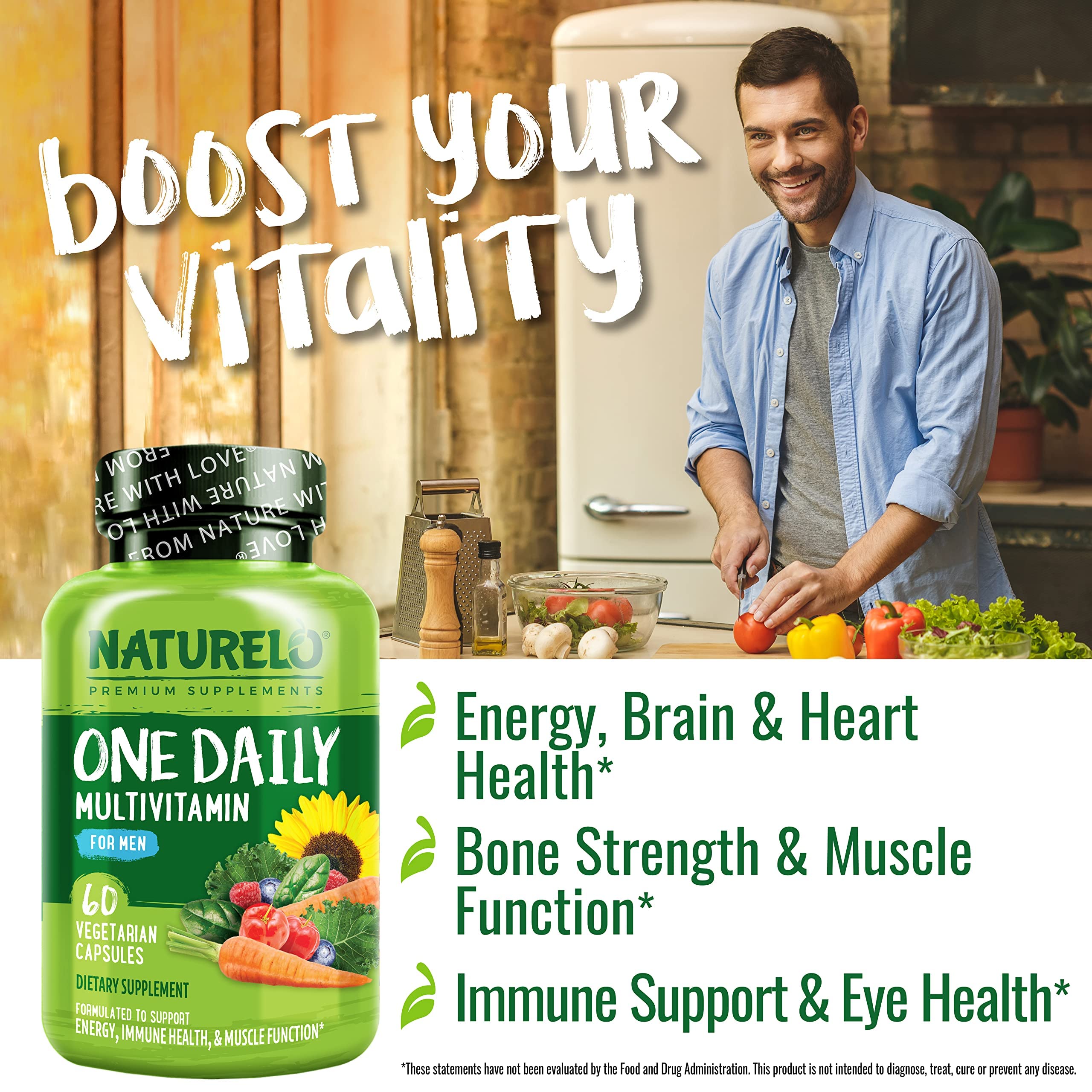 Naturelo Homme Multivitamines: ingrédients biologiques pour une nutrition quotidienne riche et naturelle.