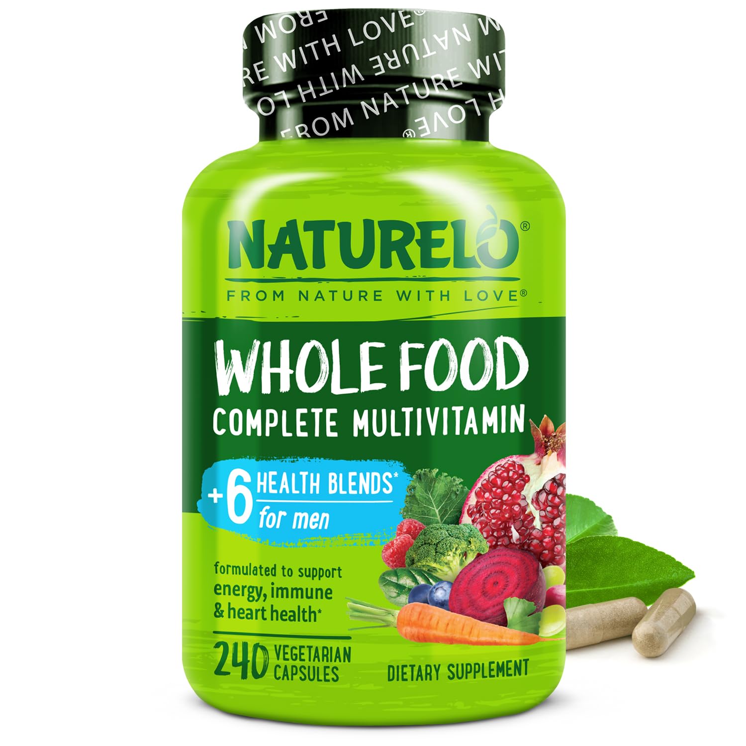 Naturelo pour hommes: bouteille de capsules végétariennes, énergie quotidienne et nutrition pratique.