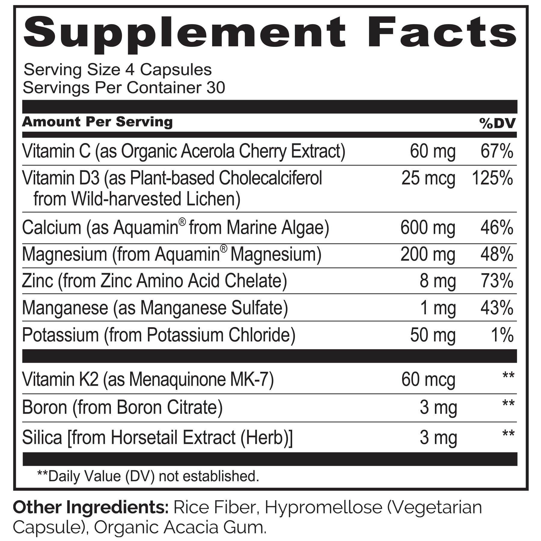 Ingrédients végétaux: calcium d’origine marine et vitamines essentielles.