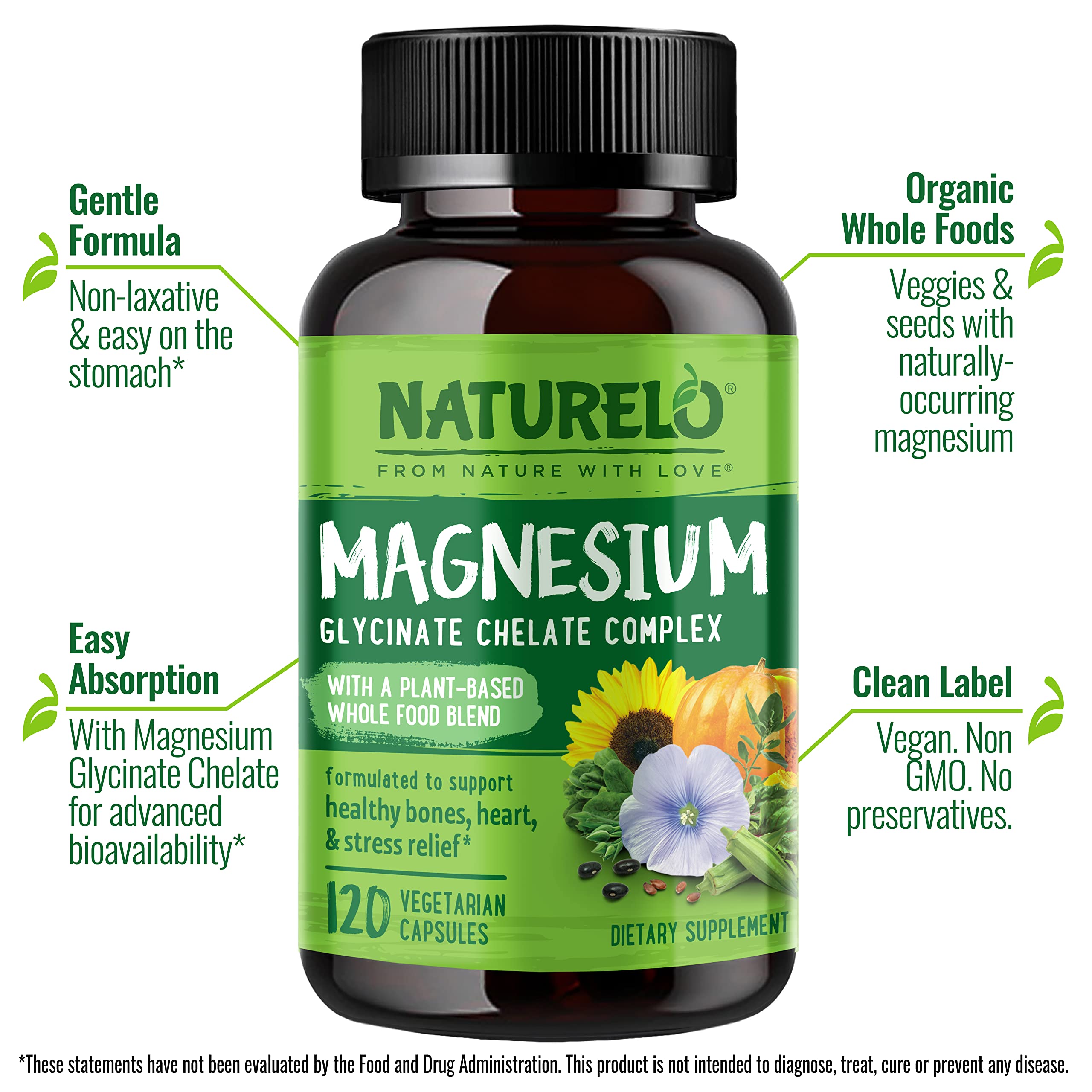 NATURELO Magnésium glyciné chélaté – ingrédients végétaux biologiques