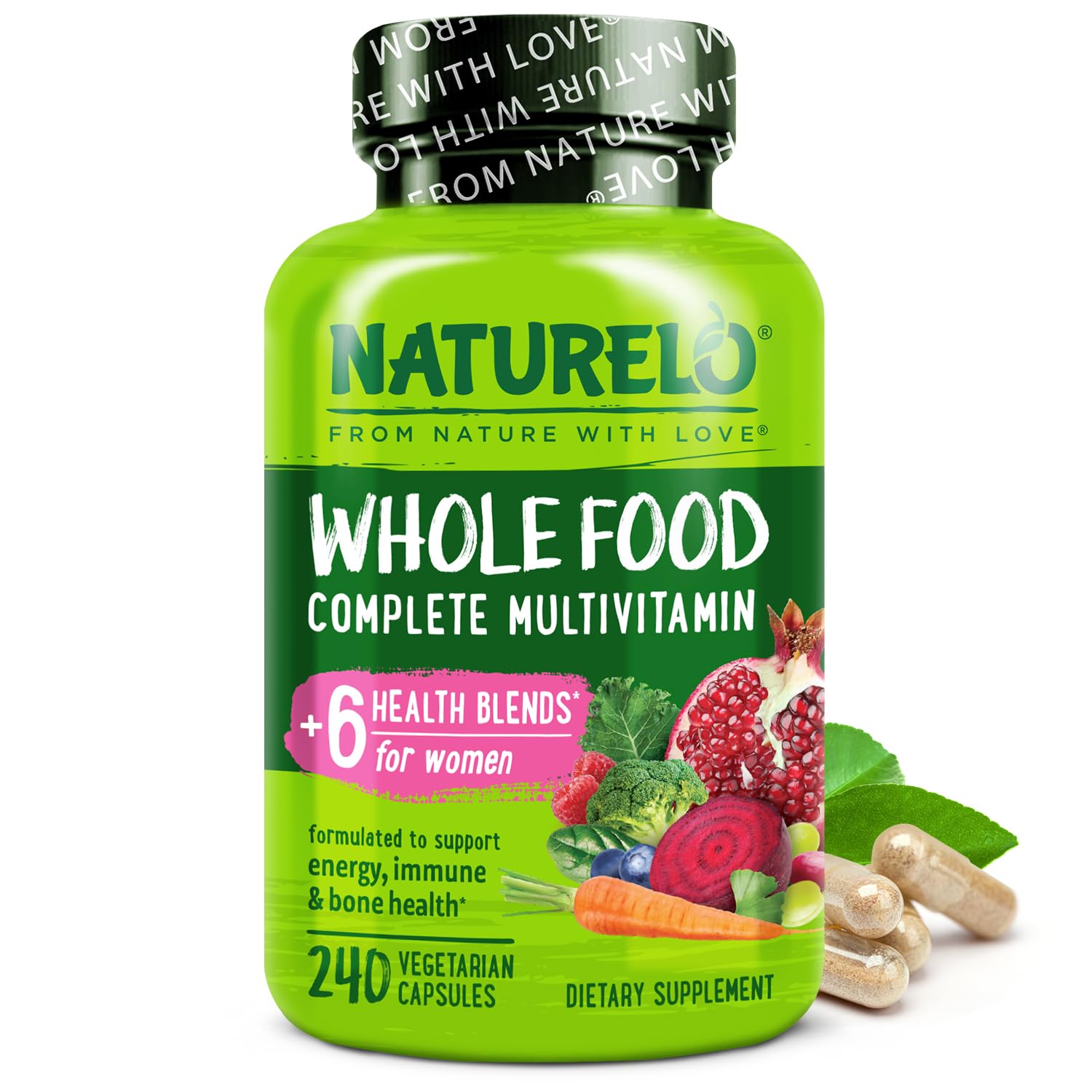 NATURELO multivitamines femmes, image bouteille montrant le produit et sa présentation pratique