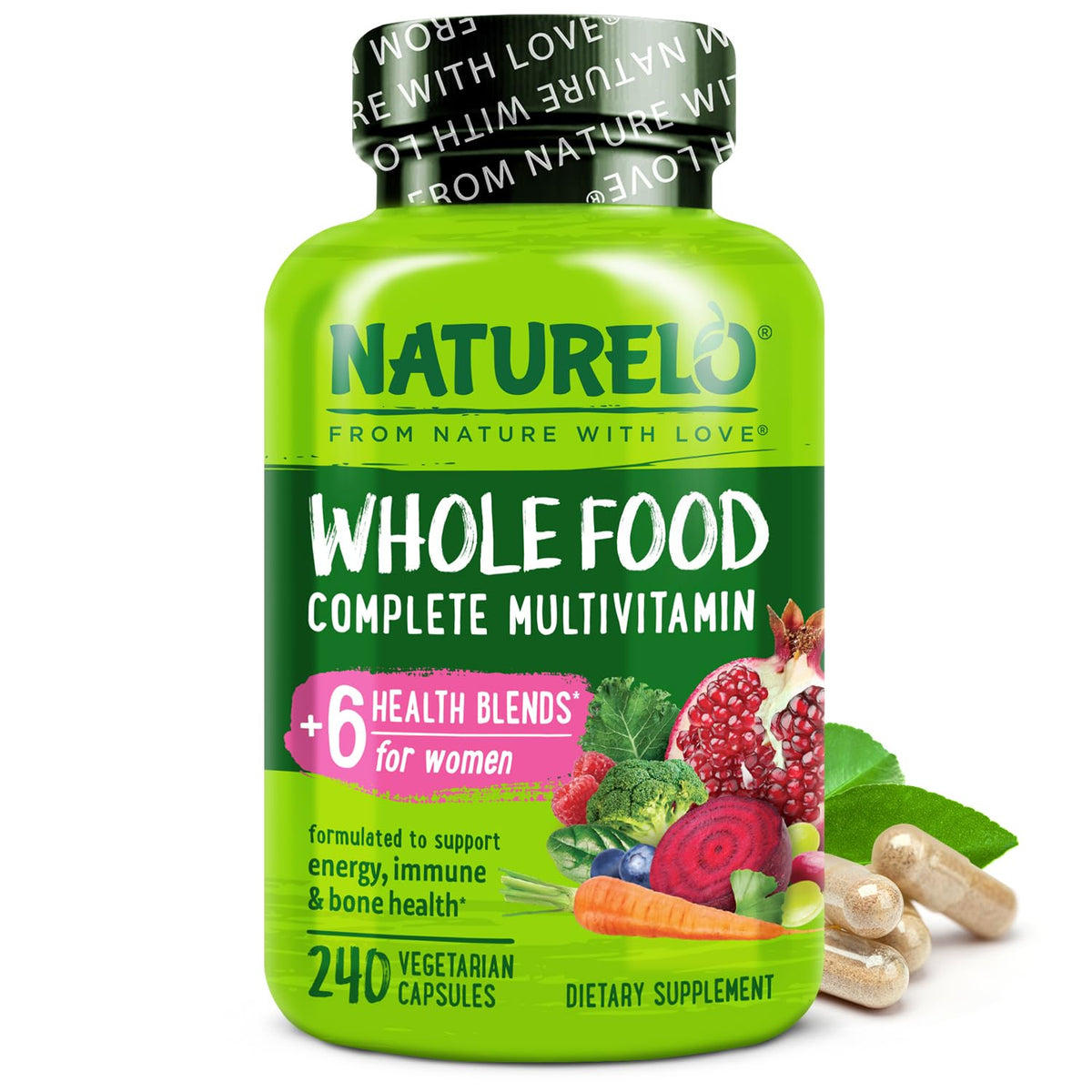 NATURELO multivitamines femmes, image bouteille montrant le produit et sa présentation pratique