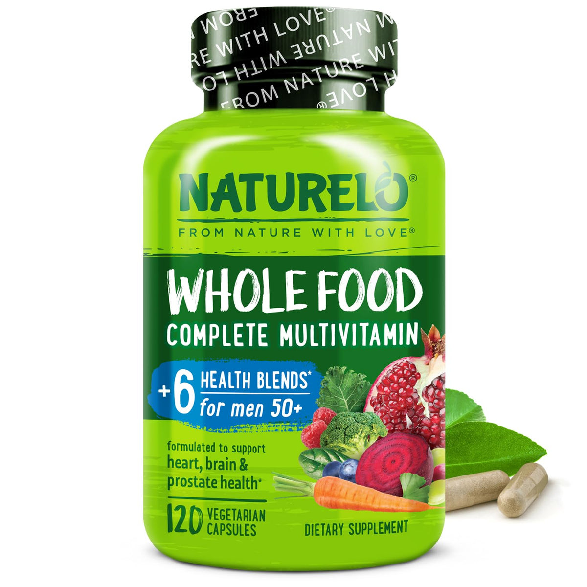Naturelo Multivitamine Homme50+ — bouteille montrant le complément végétal pour l'énergie.