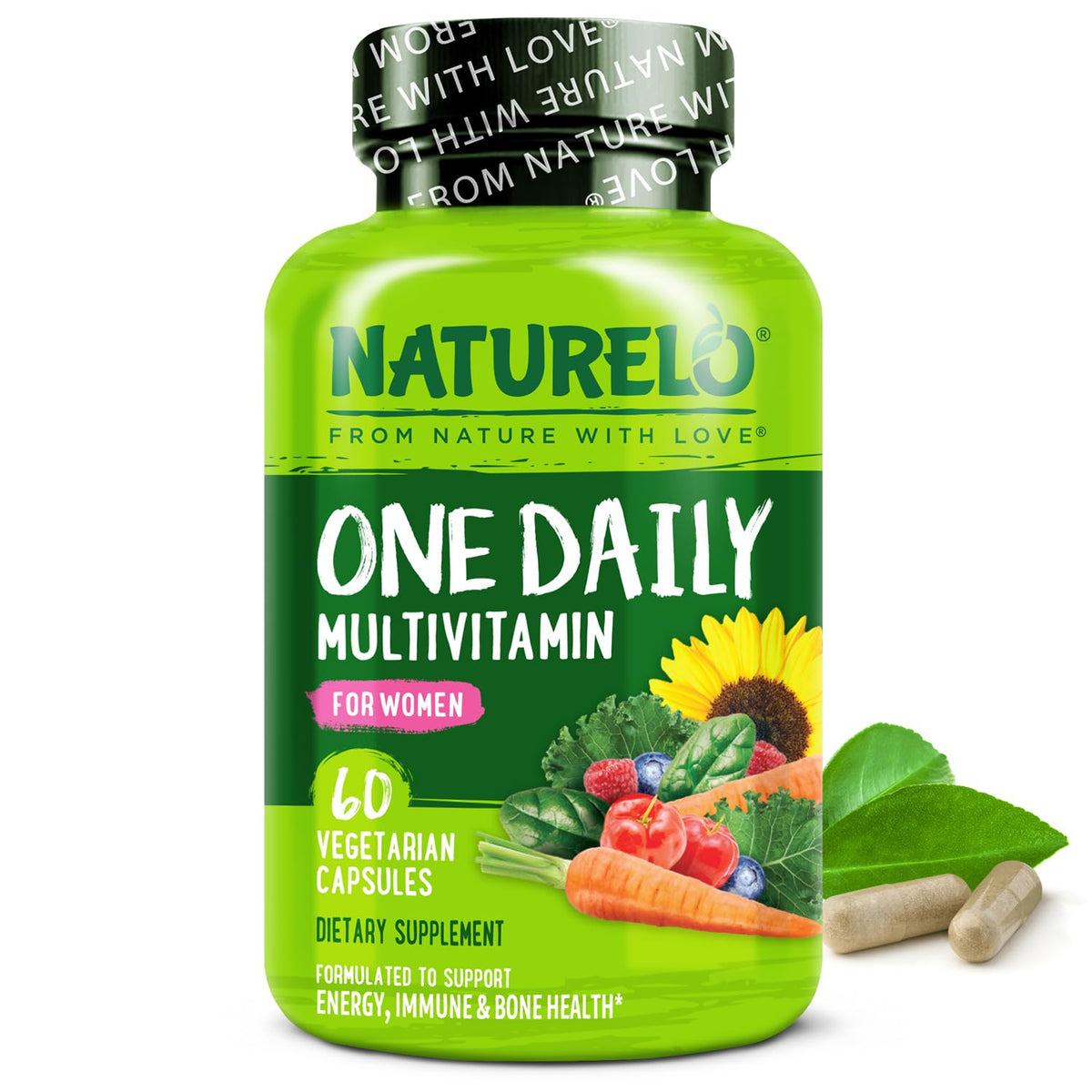 Naturelo One Daily Women Multivitamin – bouteille visible, énergie naturelle potentielle