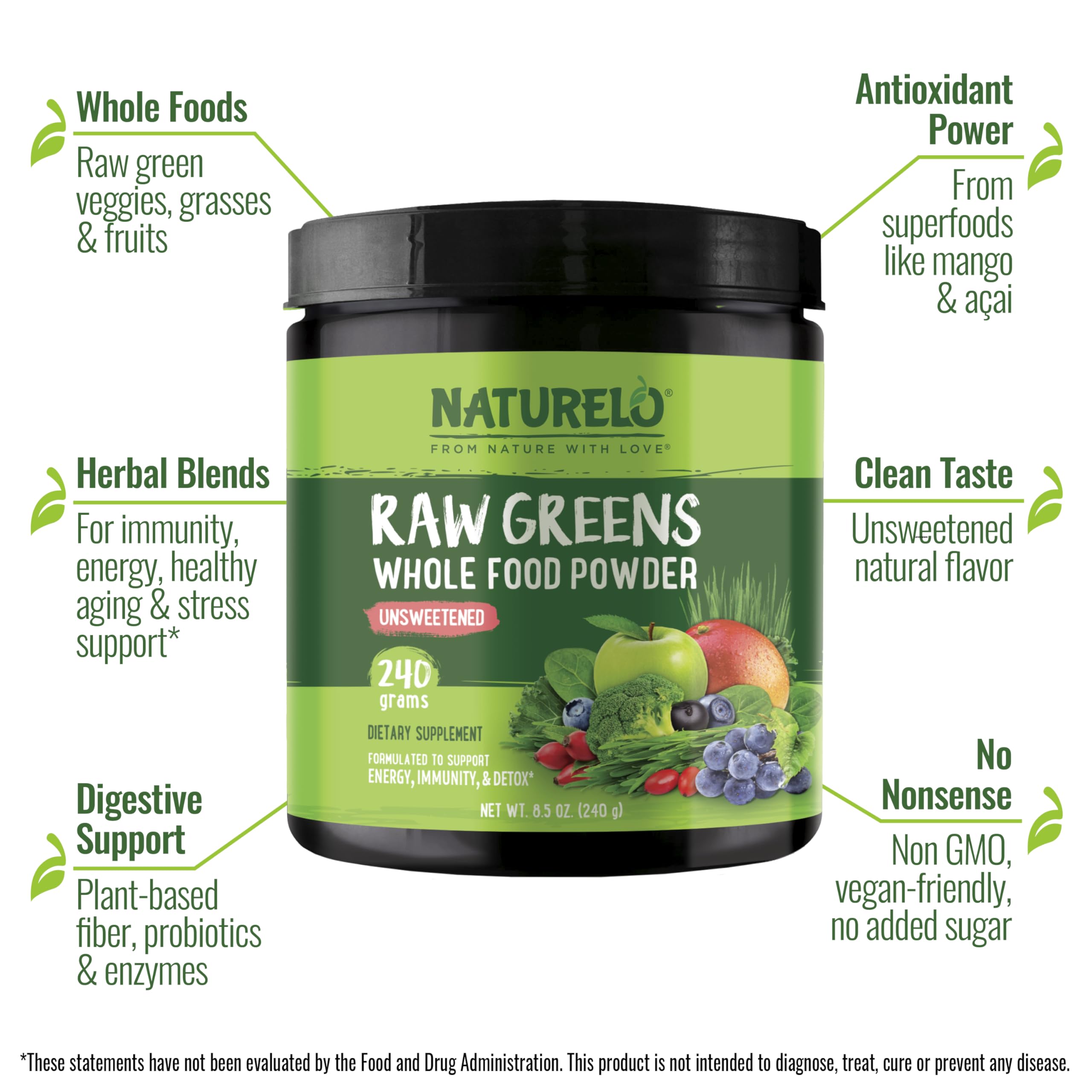 Doseur pratique montrant Naturelo Poudre Greens Crues