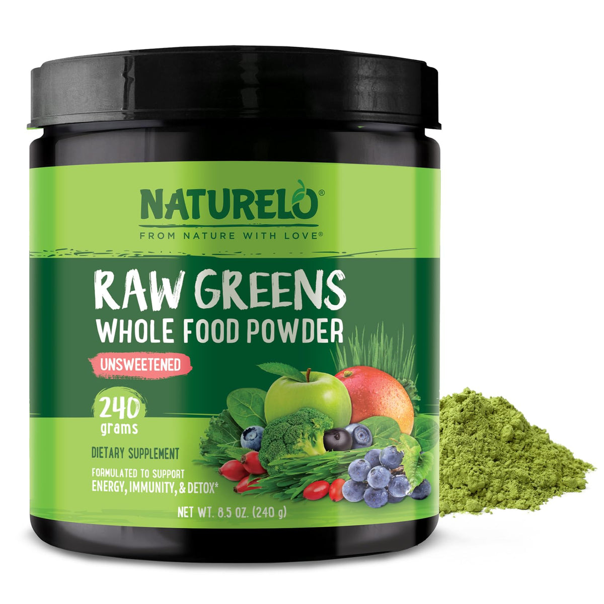 Naturelo Poudre Greens Crues emballage clair et informatif