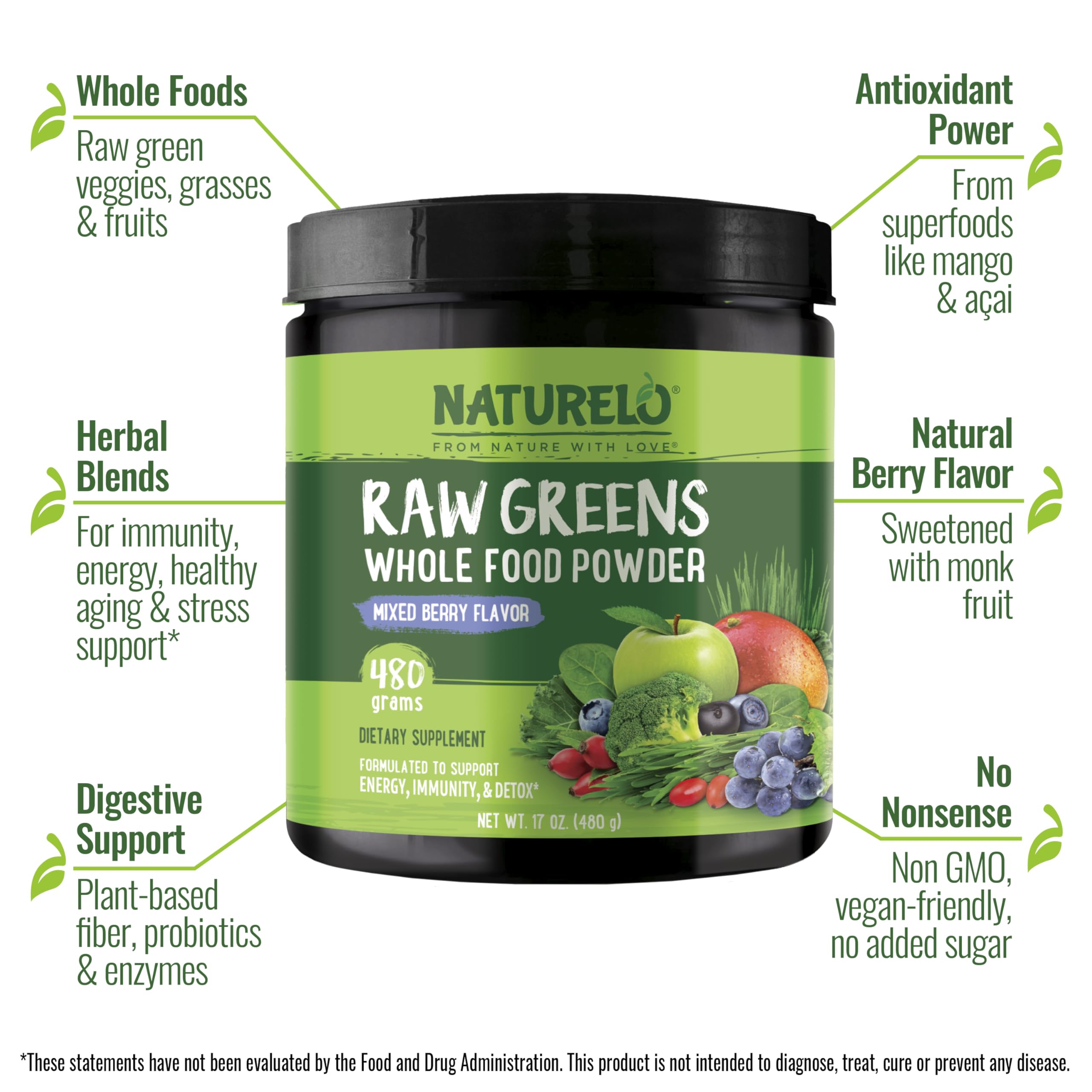 Poudre NATURELO verte bruts avec doseur pour smoothies rapides