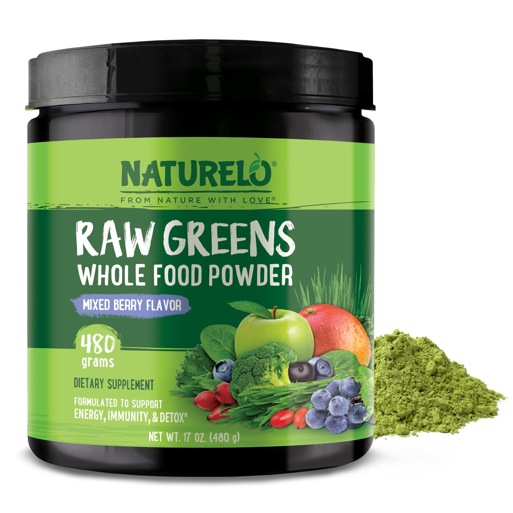 NATURELO Poudre de super-aliments verts bruts emballage pour démarrer la journée
