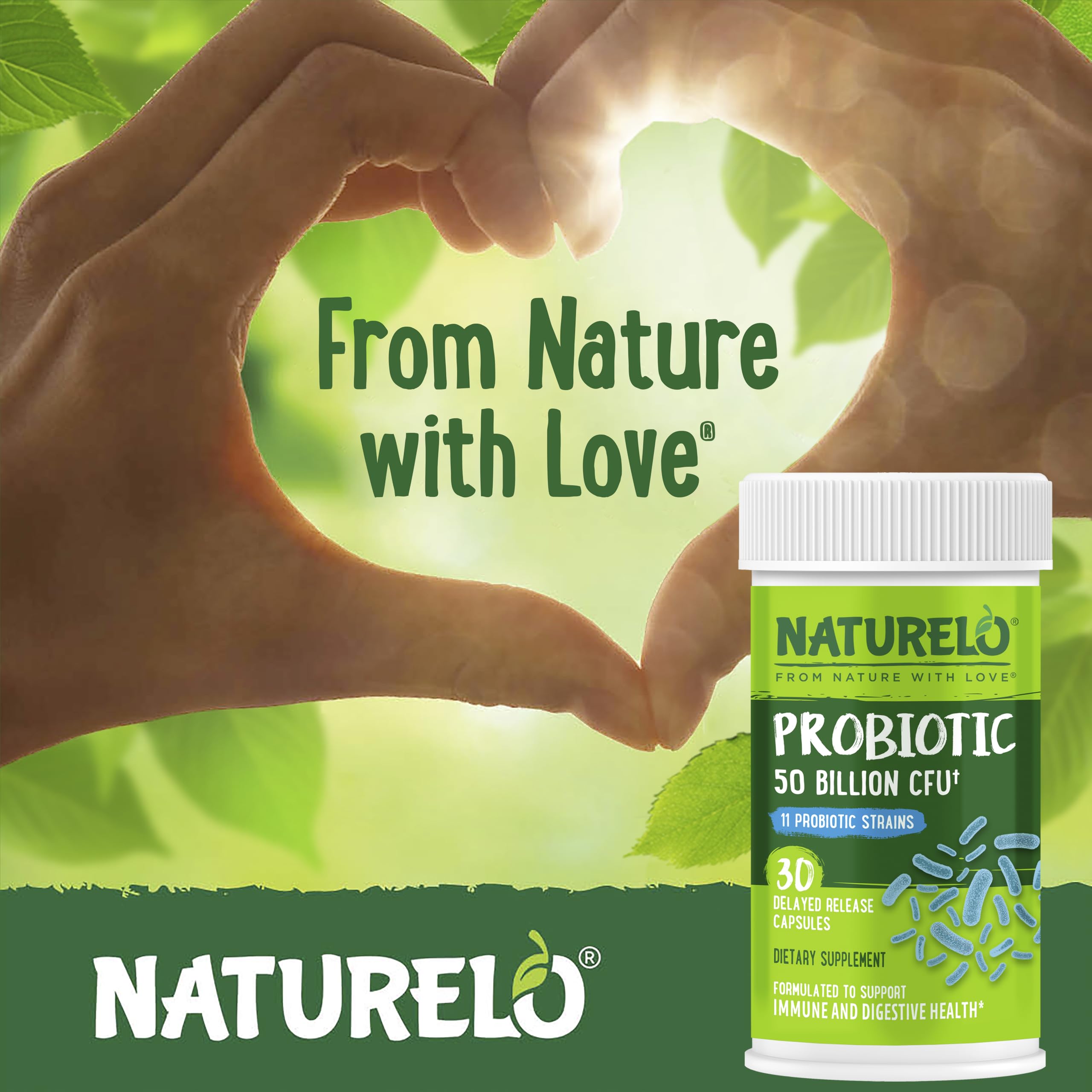 NATURELO Probiotiques—ingrédients végétaliens sans gluten et sans soja, choix sain.