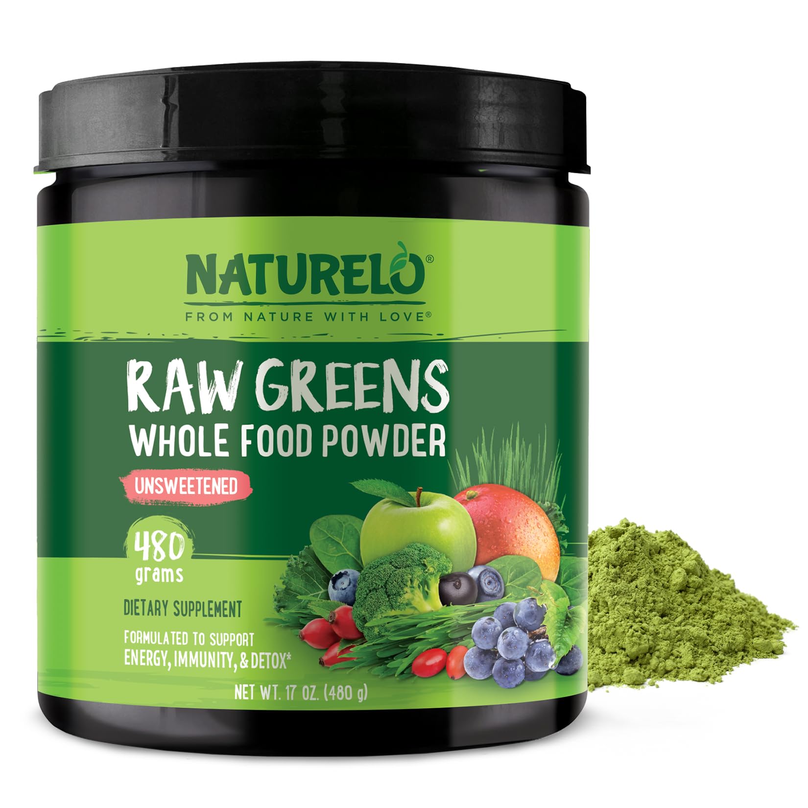 Naturelo Poudre Verte Crue dans l'emballage, énergie naturelle et nutrition intégrée.