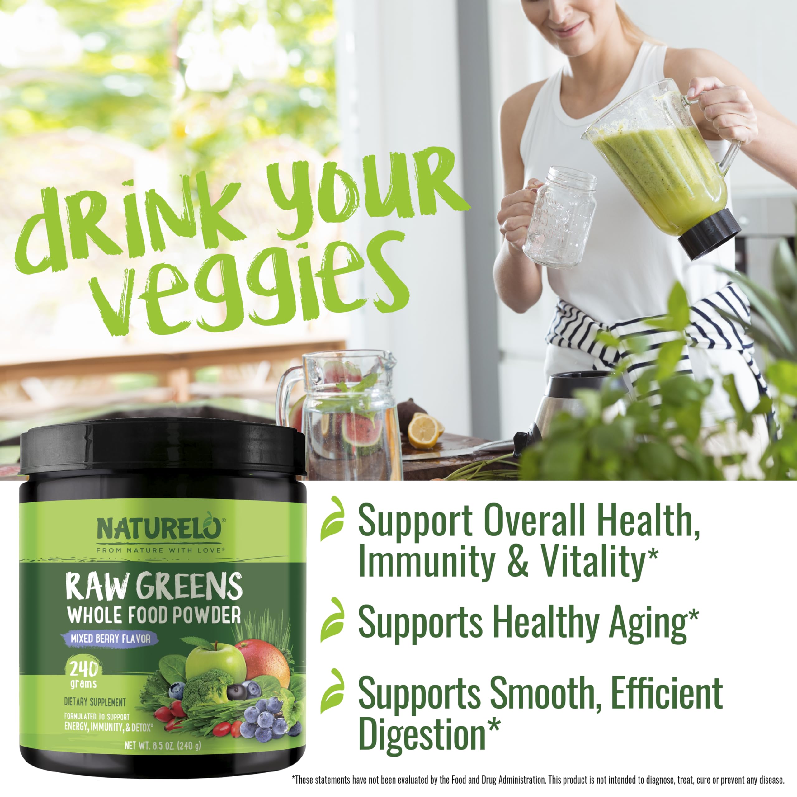 Naturelo Raw Greens emballage, ingrédients bio et sans sucre ajouté