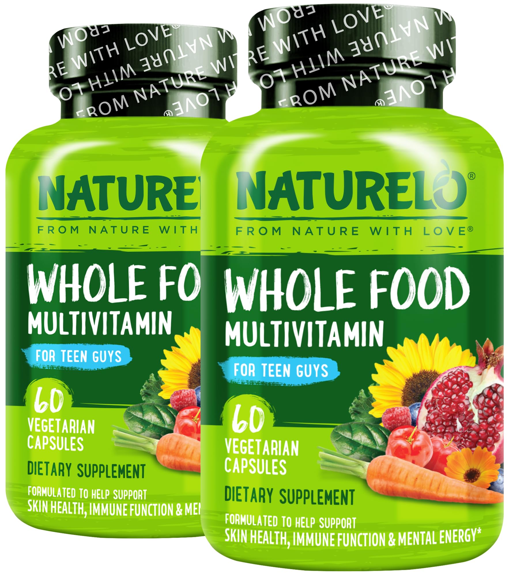Naturelo Teen Multivitamin: bouteille ouverte avec gélules pour énergie quotidienne.