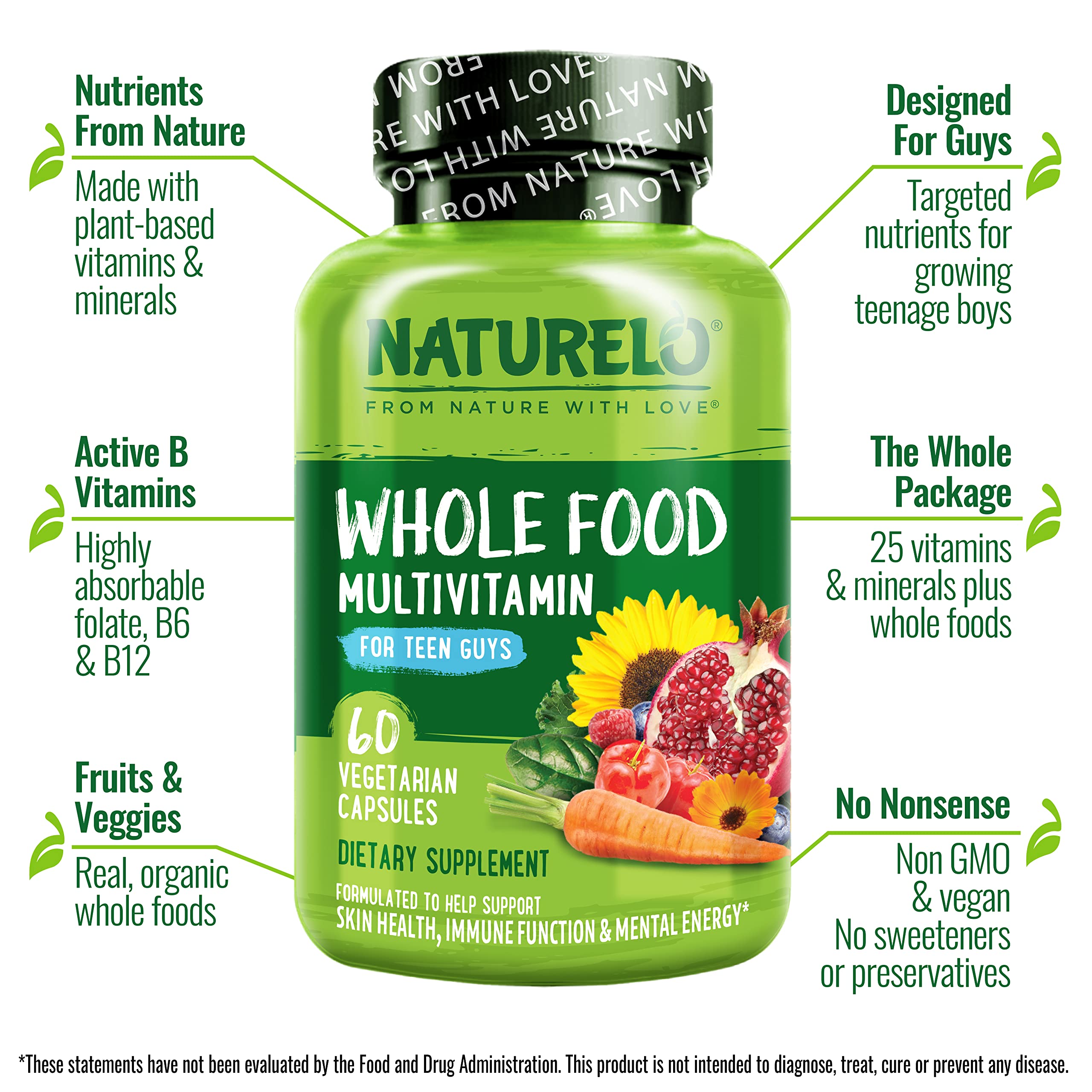 NATURELO Teen Multivitamin – capsules alignées, absorption améliorée grâce aux nutriments végétaux.