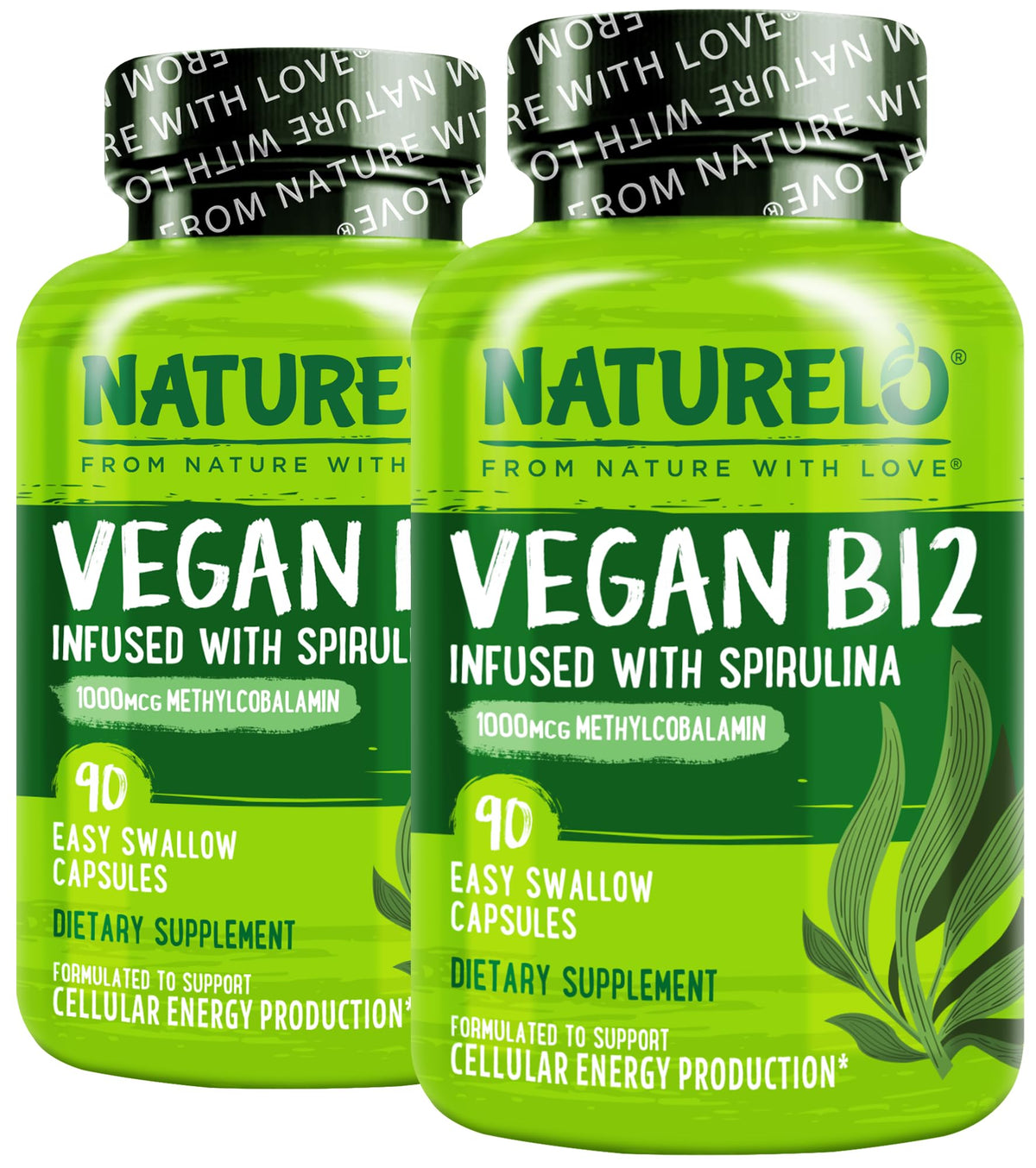 Bouteille NATURELO B12 végétale avec étiquette claire, source d'énergie potentielle.