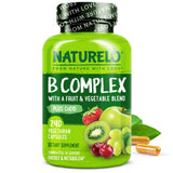 NATURELO Vitamin B Complexe — bouteille et versement, énergie potentielle.