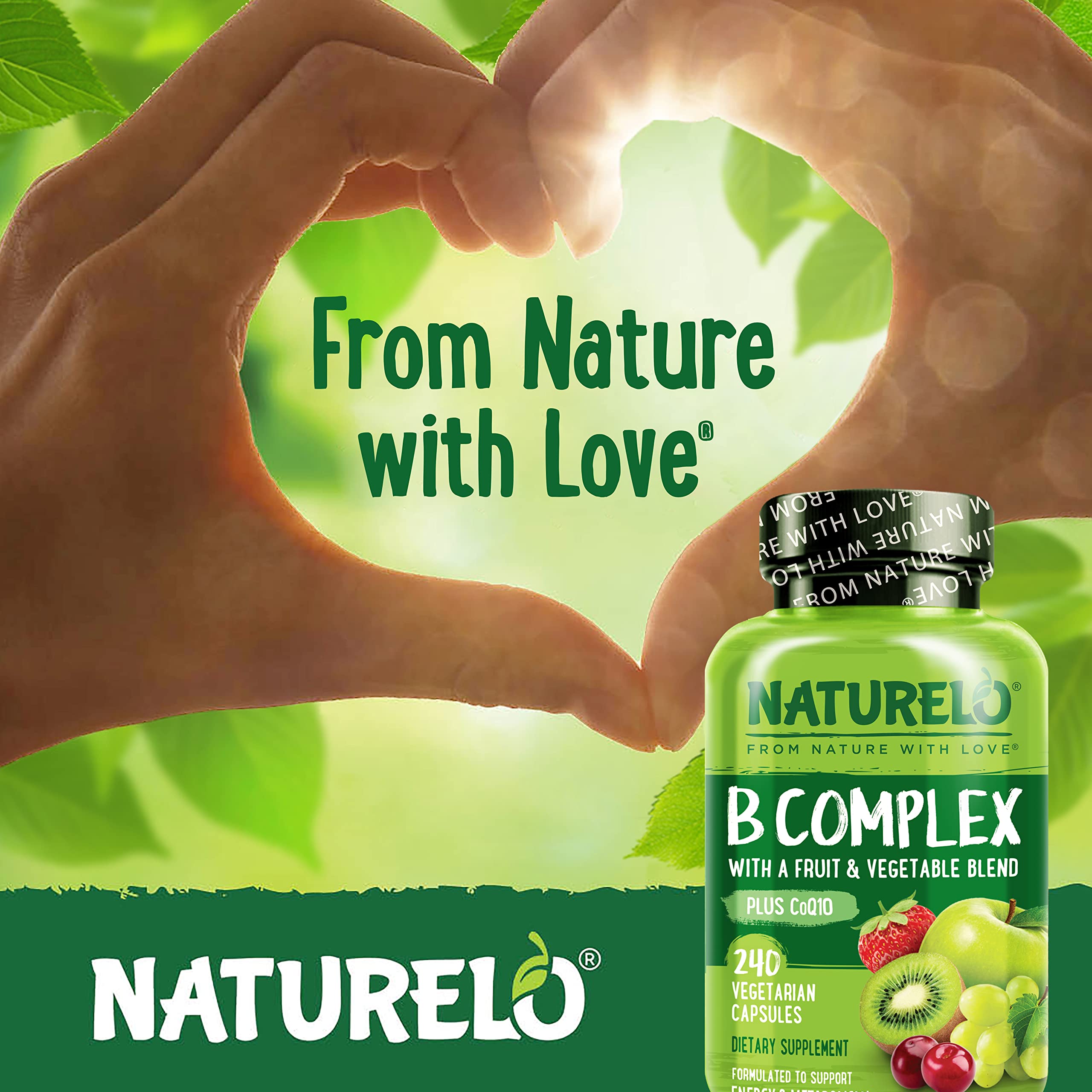 NATURELO Vitamin B Complexe — capsules et CoQ10 inclus, énergie potentielle.