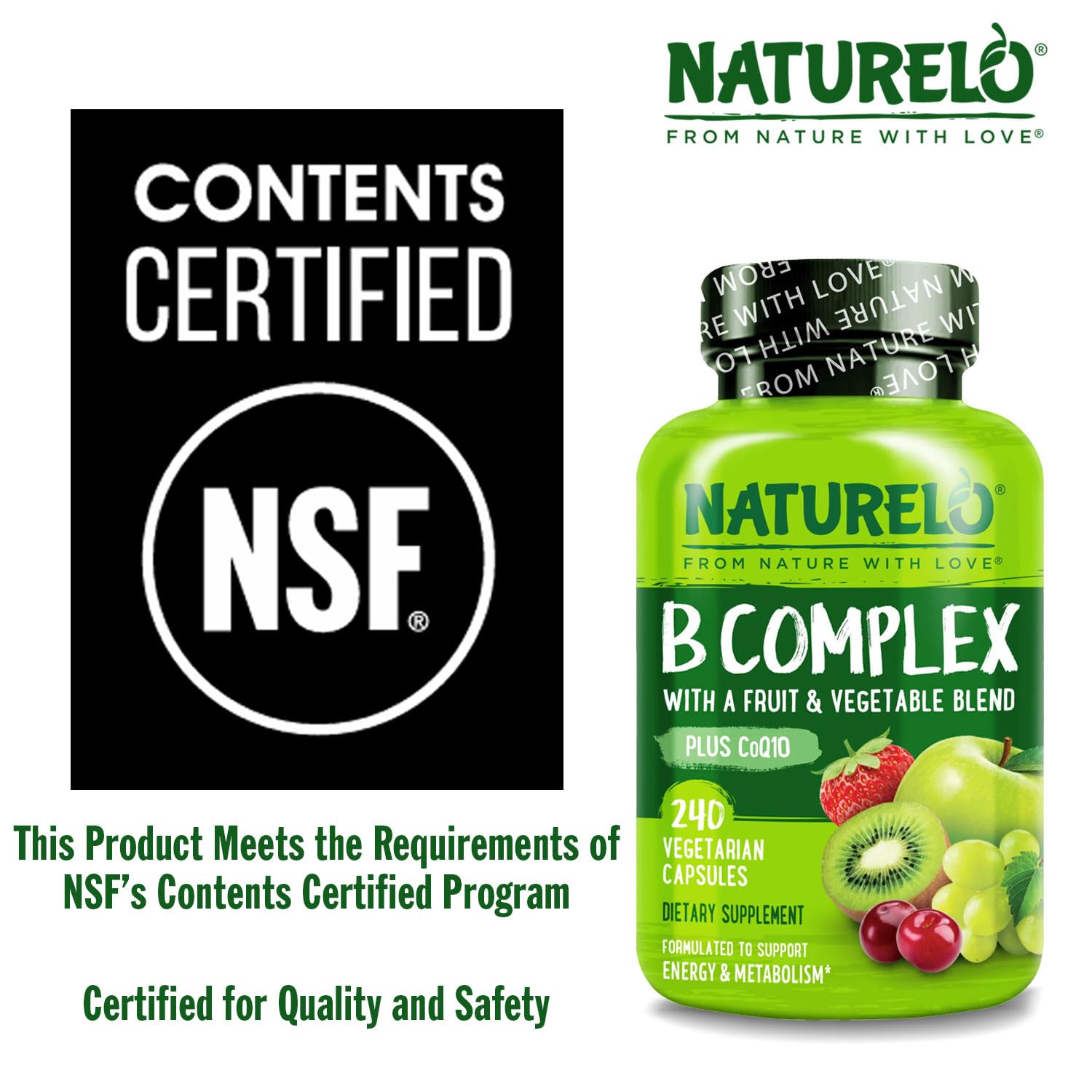 NATURELO Vitamin B Complexe — tableau-ingrédients, mélange fruits et légumes.
