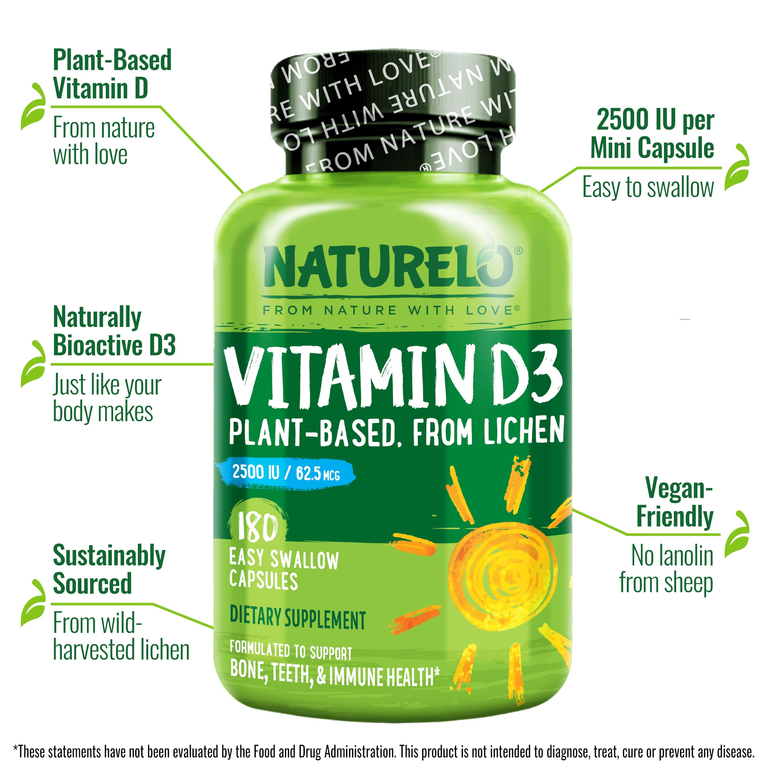 Naturelo Vitamine D3 2500IU capsules: forme biologique facile à intégrer au quotidien.