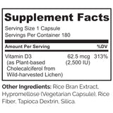 Naturelo Vitamine D3 2500IU emballage: origine végétale à partir de lichen.