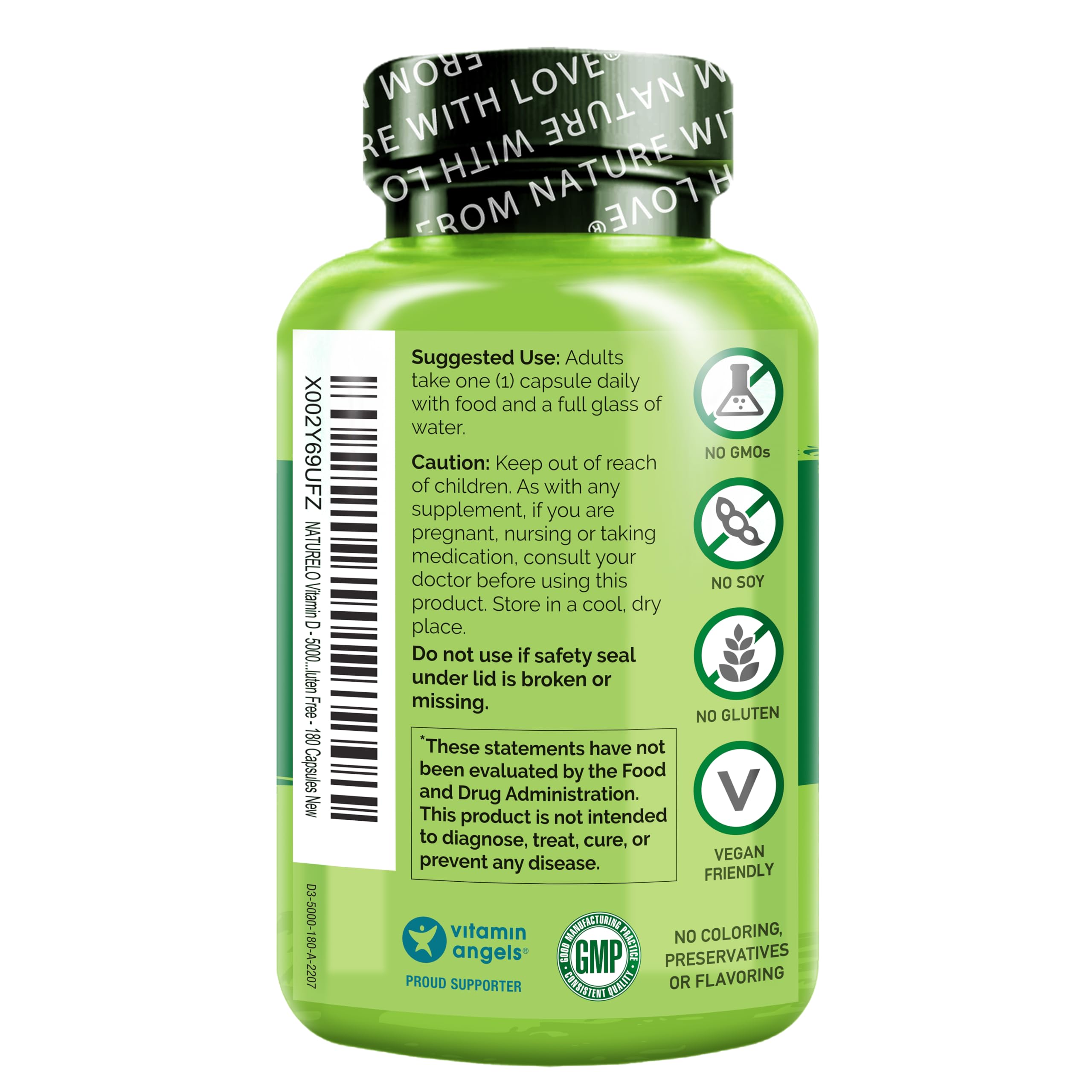 NATURELO Vitamine D3 5000 UI - Étiquette propre, sans allergènes majeurs.