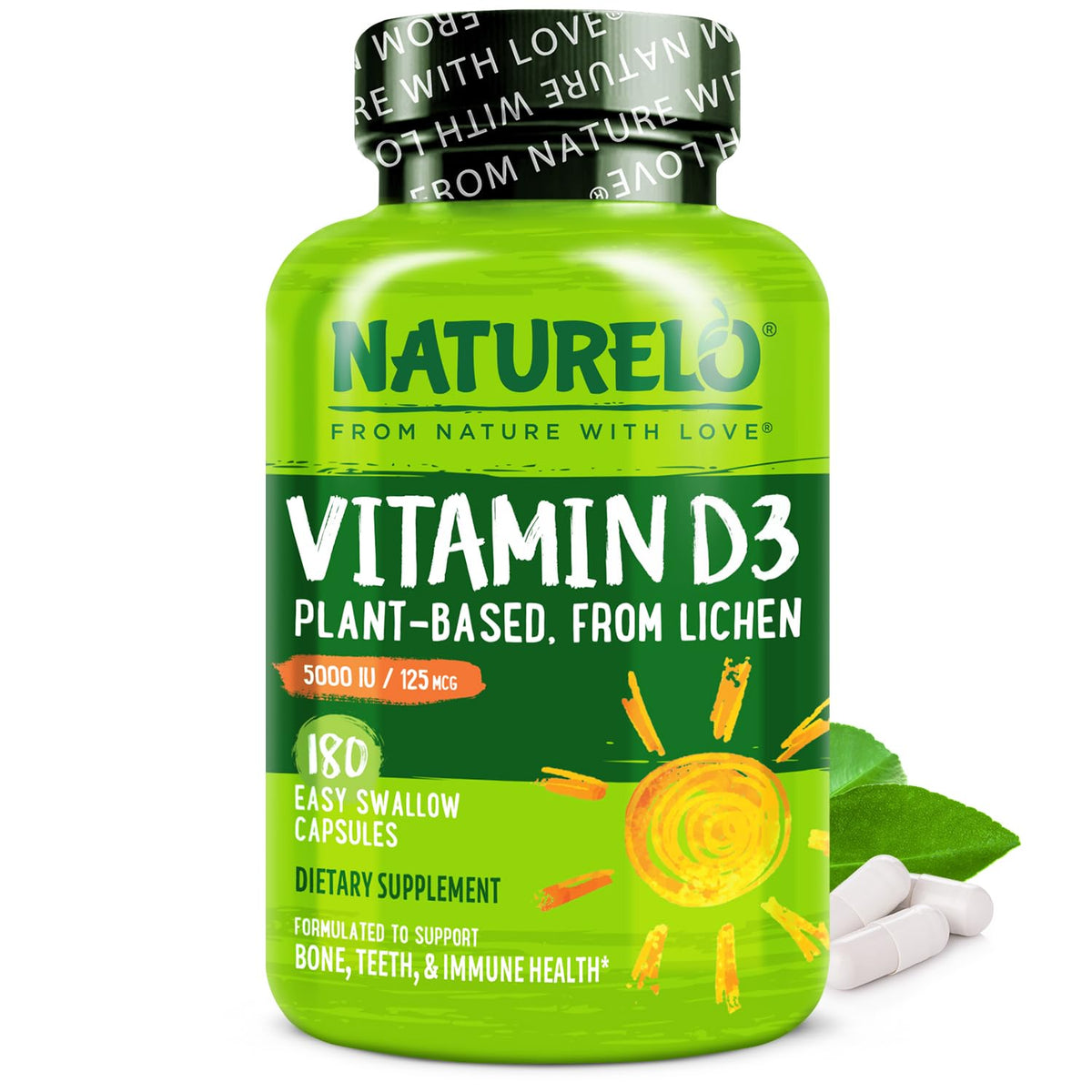 NATURELO Vitamine D3 5000 UI - Bouteille vegan et durable, soutien immunitaire potentiel.