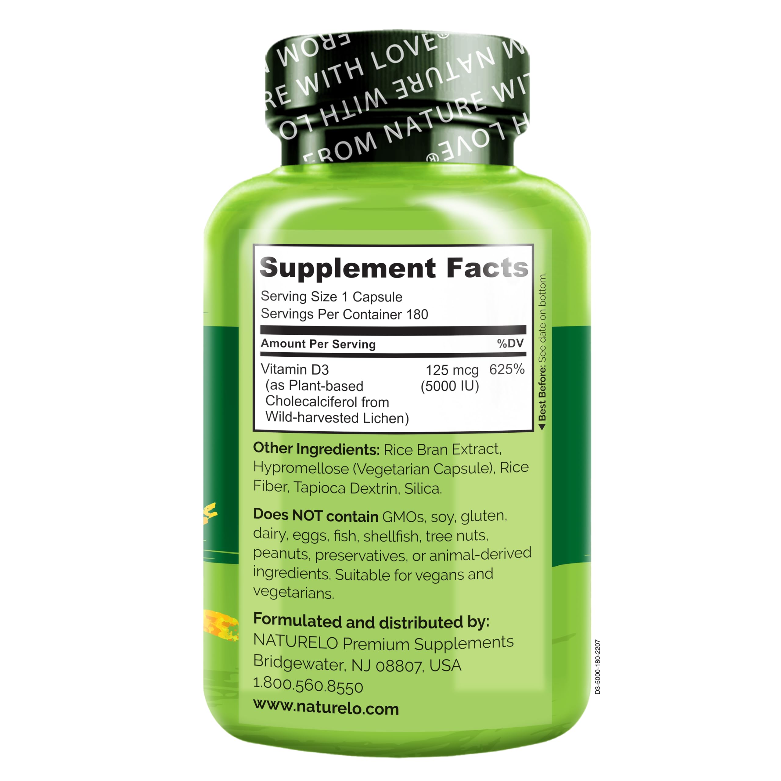 NATURELO Vitamine D3 5000 UI - Santé des os grâce à l'absorption du calcium.