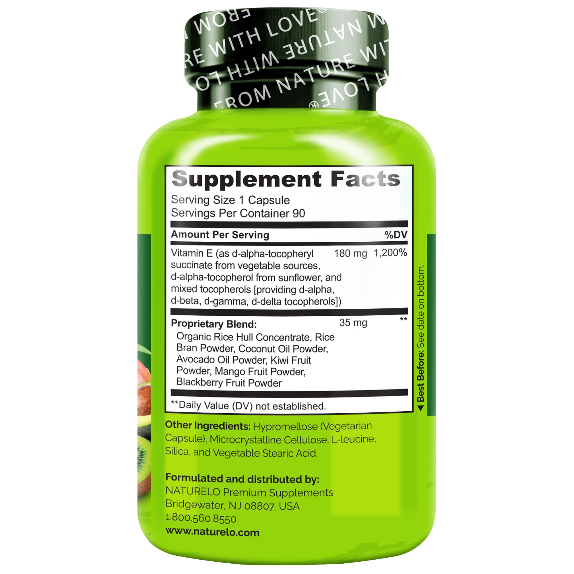 NATURELO Vitamine E – flacon sur table de toilette, qualité naturelle.