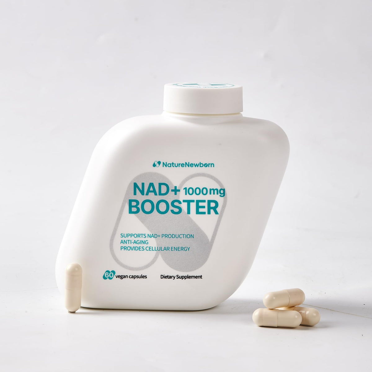 Bouteille NATURENEWBORN NR1000 montrant le flacon et l'étiquette, soutien potentiel à l'énergie naturelle.