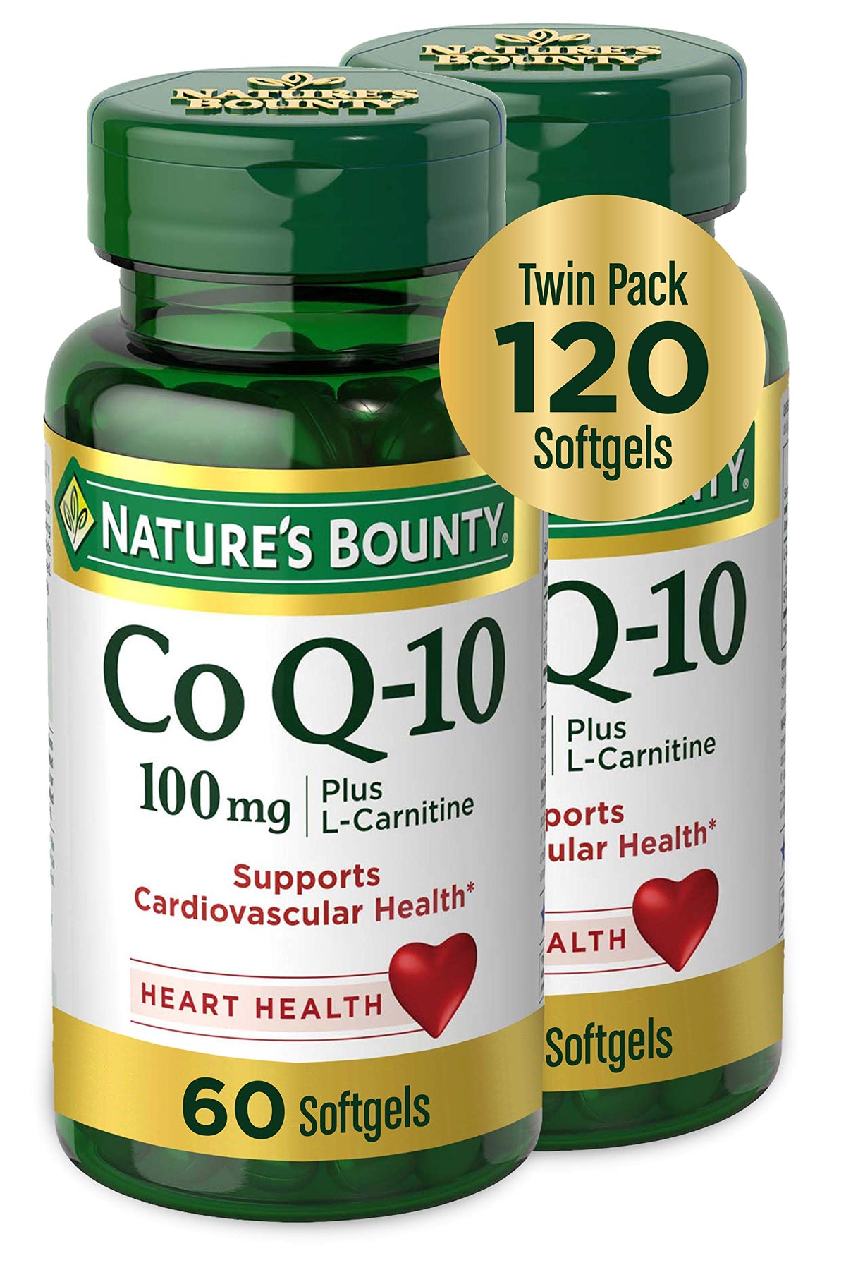 Nature's Bounty CoQ10 Plus L-Carnitine, flacon visible, soutien énergie potentielle et antioxydants.