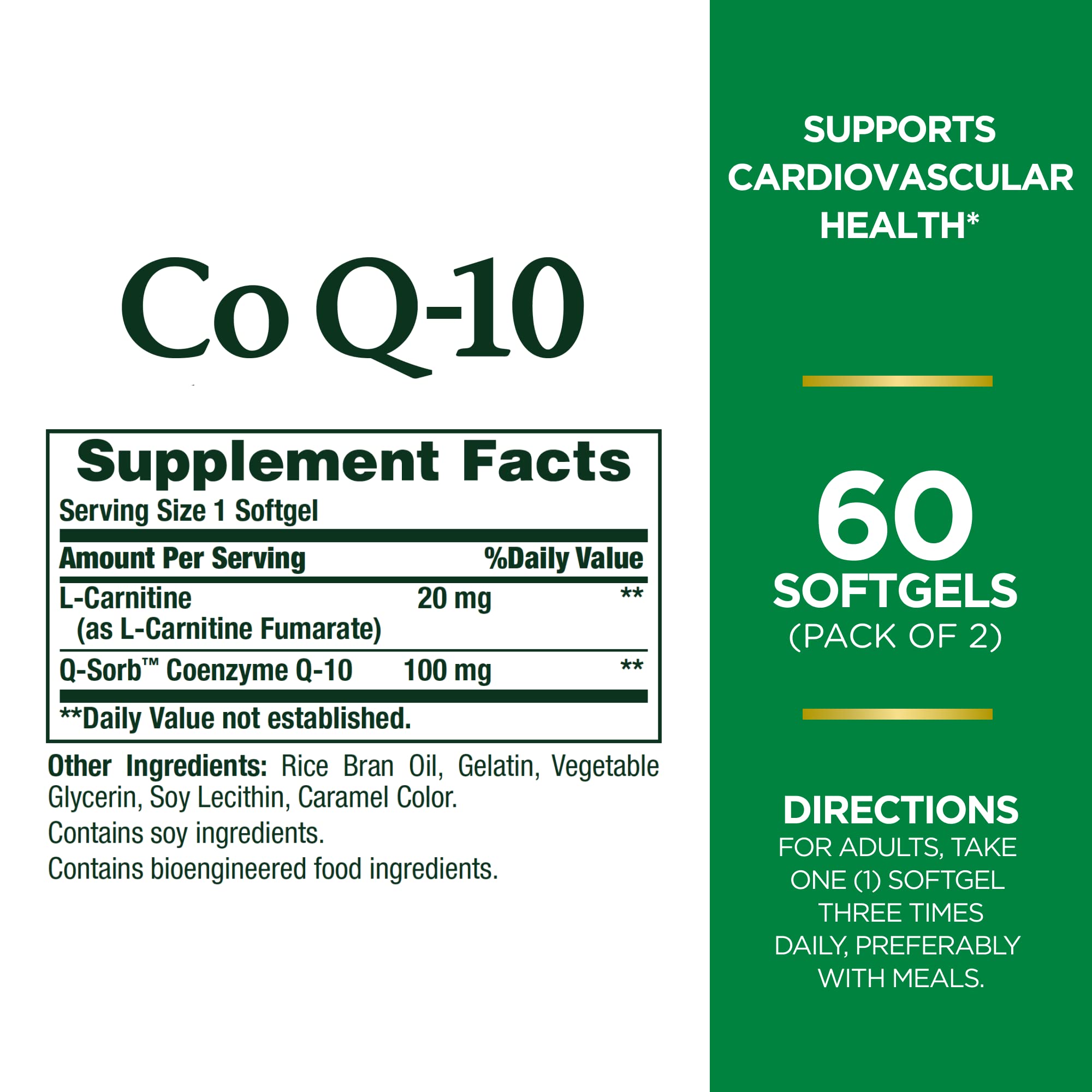 Nature's Bounty CoQ10 Plus L-Carnitine, étiquette-produit nette pour confiance et transparence.