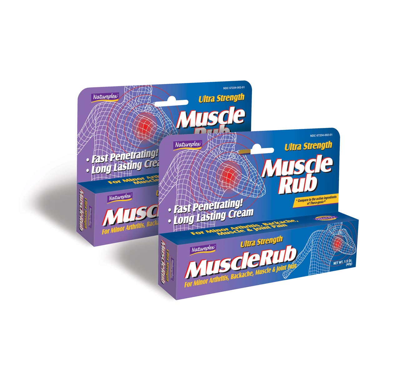 Natureplex Ultra Strength Muscle Rub – étiquette indiquant zone d’application et précautions.