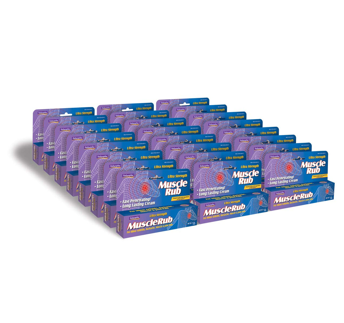 Natureplex Ultra Strength Muscle Rub – bouteille montrant pénétration rapide pour soulager les muscles.