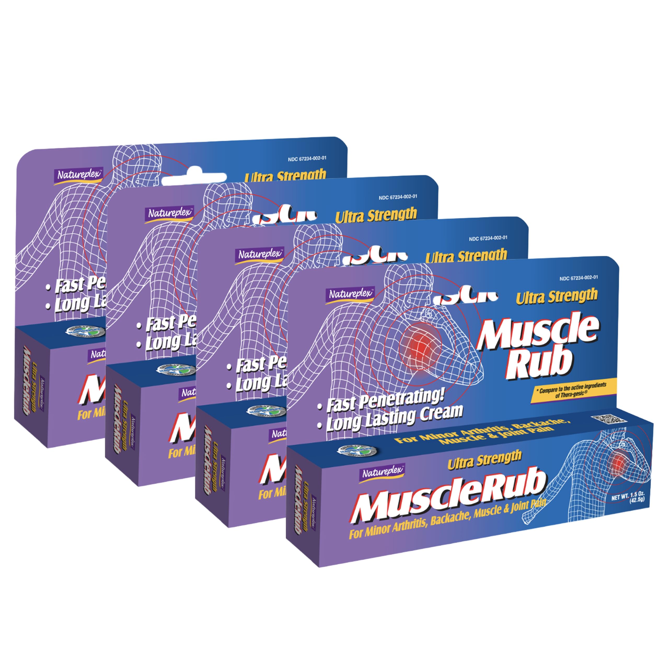 Natureplex Baume Musculaire Ultra Fort, lot de quatre, vue avant; soulagement temporaire des douleurs musculaires.