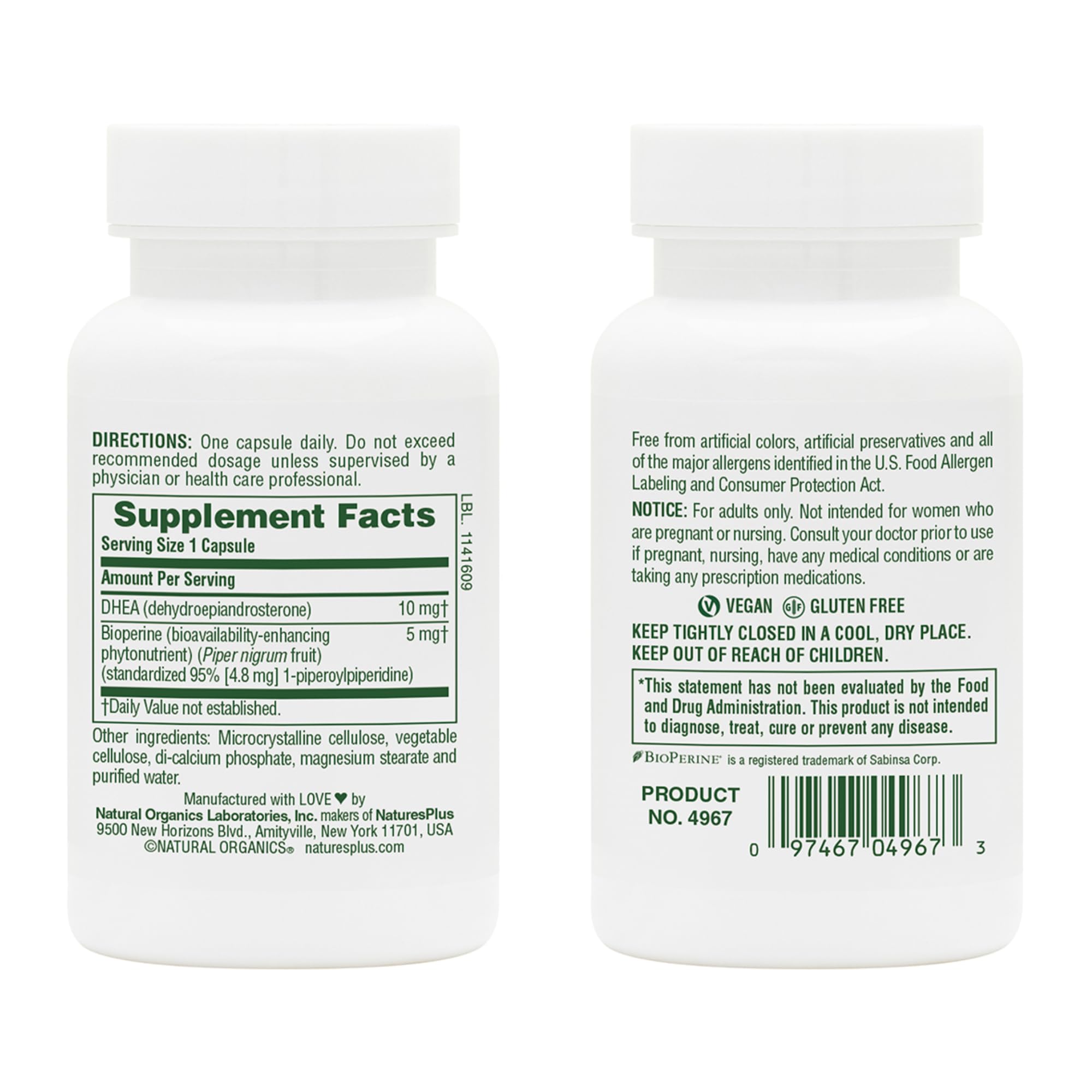 NaturesPlus DHEA-10 montre la bouteille arrière avec les valeurs nutritionnelles et des conseils d'utilisation.